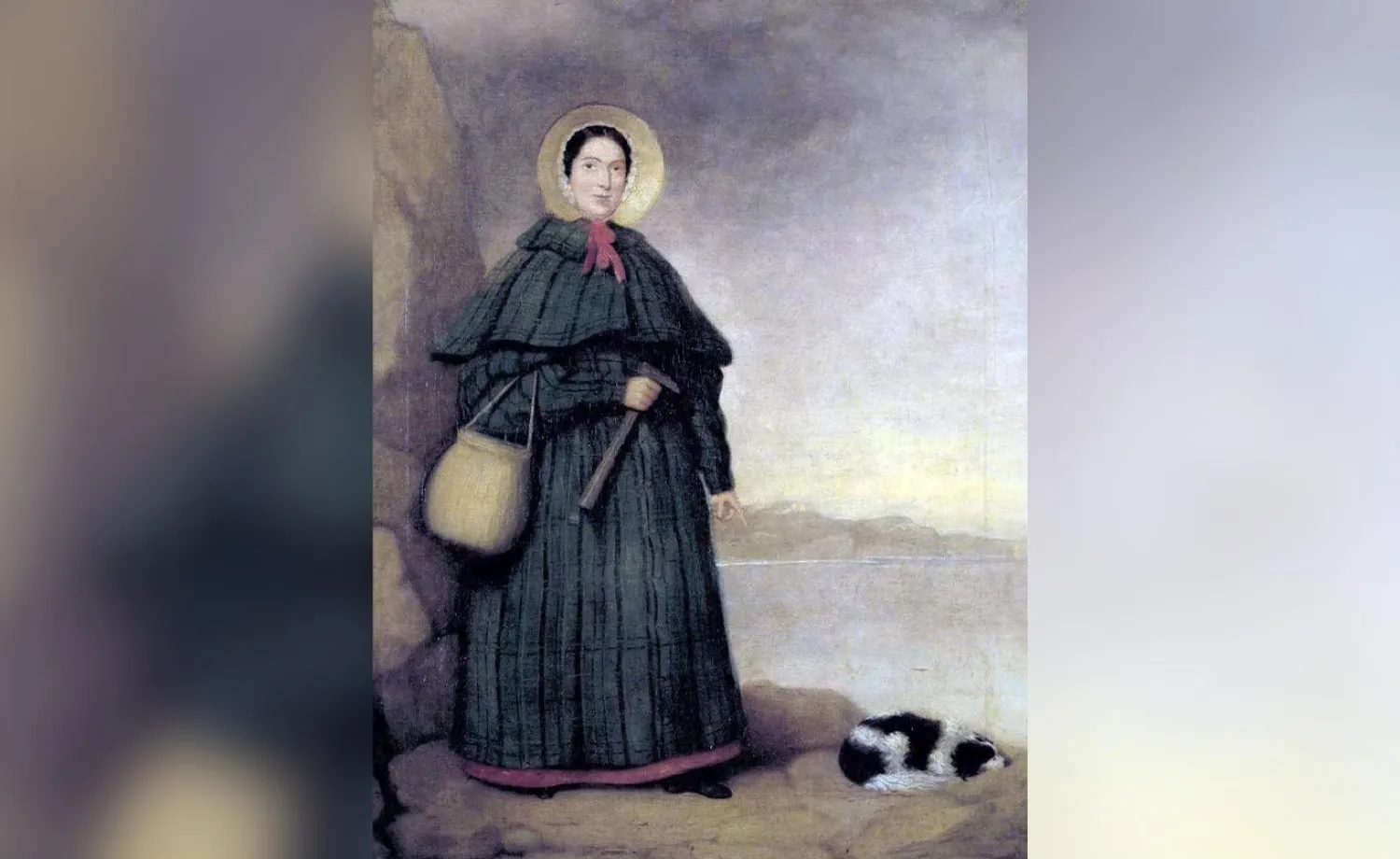 Görselde Mary Anning, sadık köpeği Tray'le fosil avına çıkmışken resmediliyor ( Londra Ulusal Tarih Müzesi)