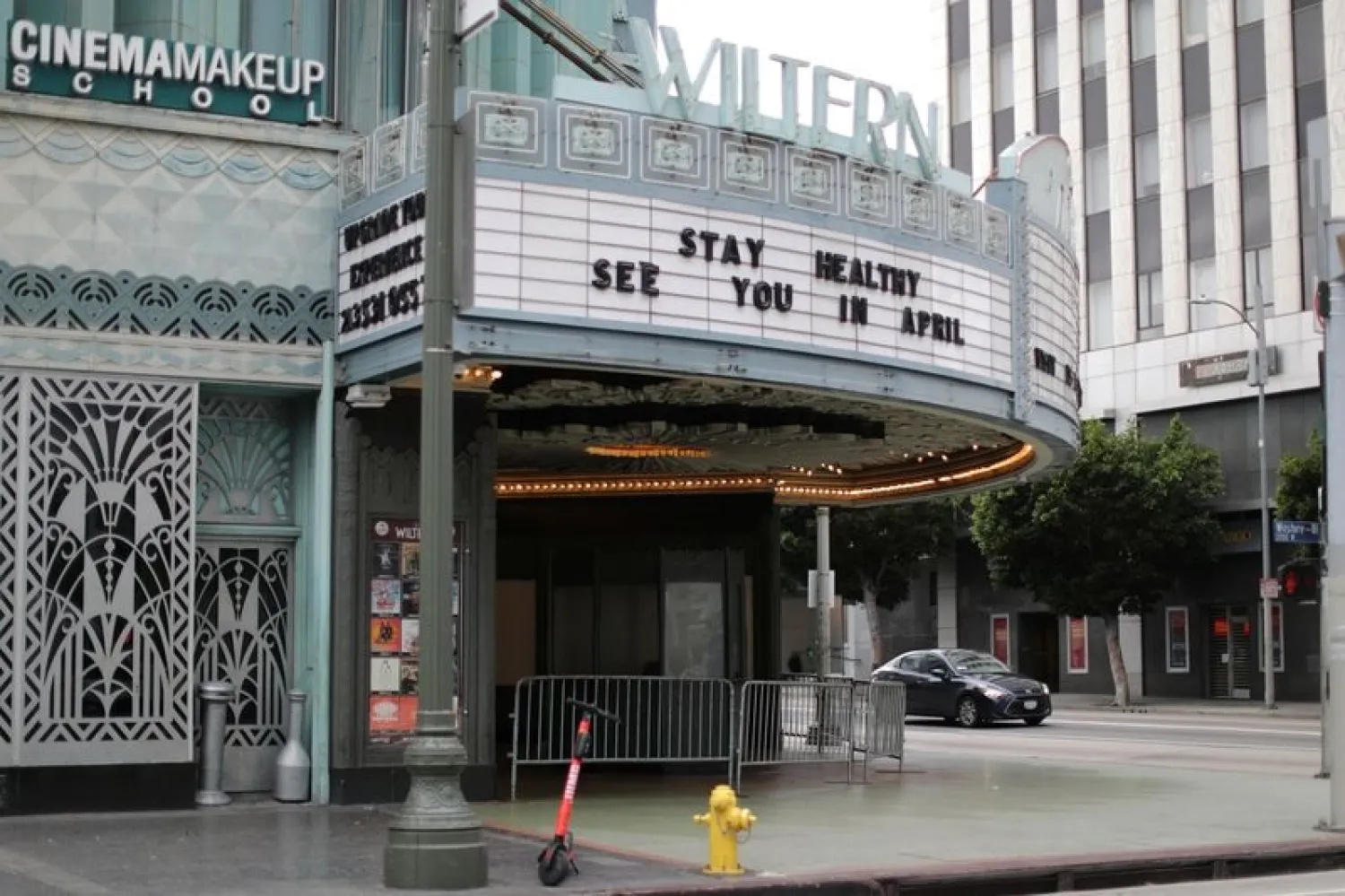 A theater displays a closed sign during the global outbreak of coronavirus (COVID-19) in Los Angeles, California, US, March 16, 2020. (Reuters)