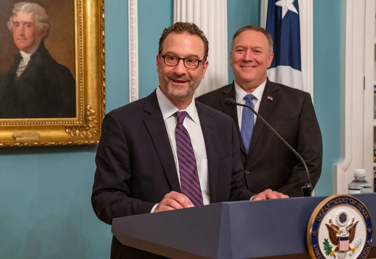 Former Assistant Secretary of State for Near Eastern Affairs David Schenker and ex-Secretary of State Mike Pompeo. (US Department of State)