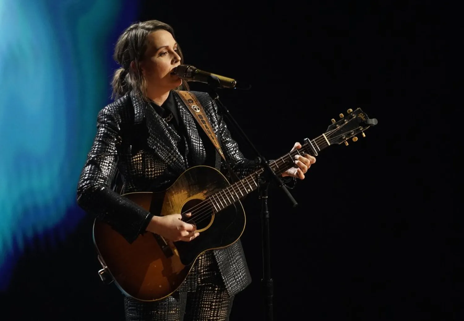 Brandi Carlile performs during the "In Memoriam" section of the 63rd Grammy Awards at the Los Angeles Convention Center, Tuesday, March 9, 2021. (AP)