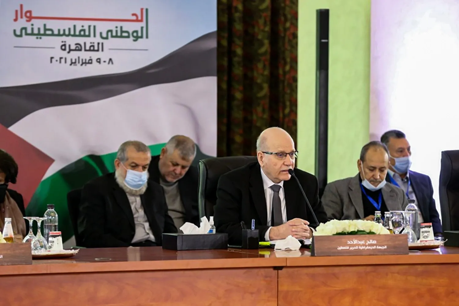 Saleh Abdel Ahad, representative of the Democratic Front for the Liberation of Palestine, speaking during the Palestinian National Dialogue in Cairo. (Egypt State Information Service)
