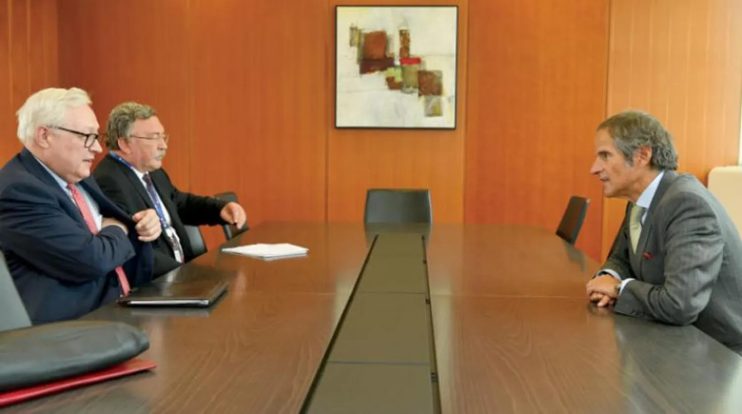 Russia’s Deputy Foreign Minister Sergei Ryabkov during consultations with IAEA Director-General Rafael Grossi in August 2020. (IAEA) 