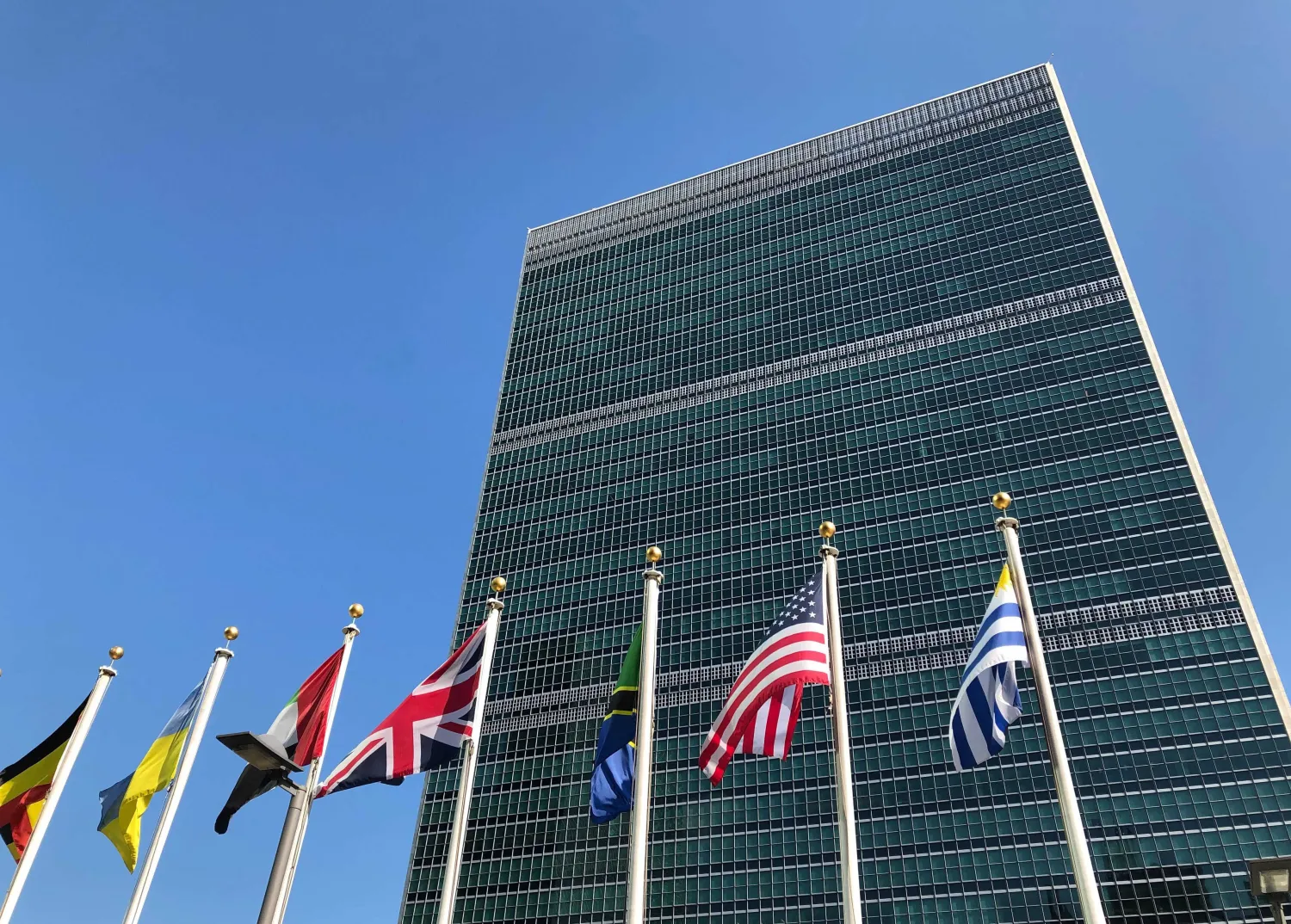 Flags fly outside the United Nations headquarters during the 74th session of the United Nations General Assembly, Sept. 28, 2019. AP
