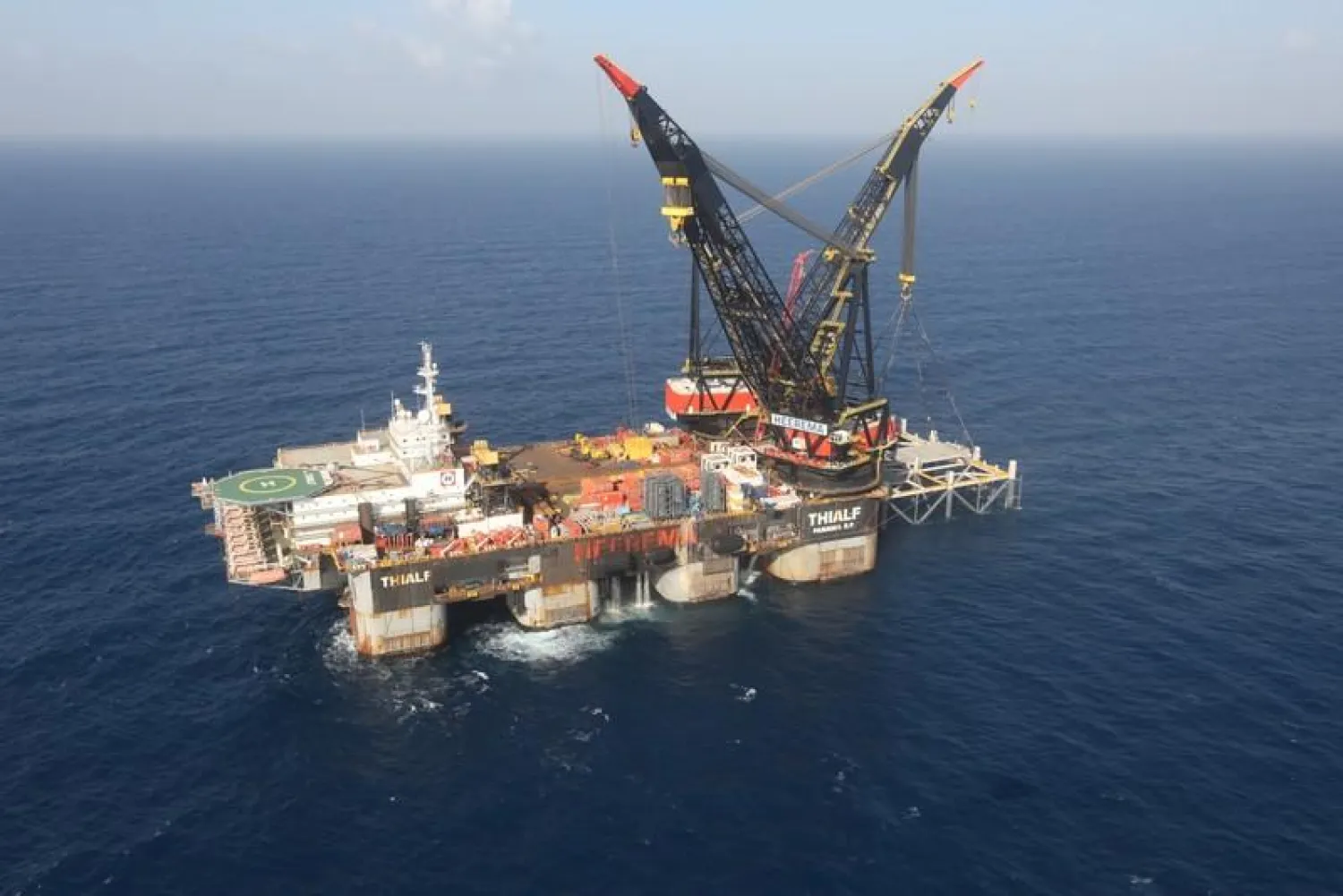  An aerial view shows the newly arrived foundation platform of Leviathan natural gas field, in the Mediterranean Sea, off the coast of Haifa, Israel January 31, 2019. Marc Israel Sellem/Pool/File Photo
