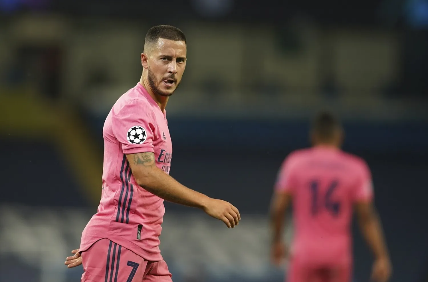 Real Madrid's Eden Hazard reacts during Champions League match in Manchester, England, Aug. 7, 2020. (AP)