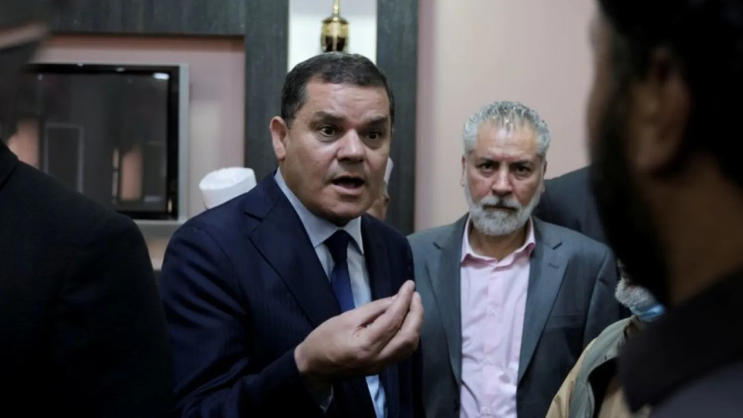 Libya's new Prime Minister Abdulhamid Dbeibeh meets community elders in Sirte, Libya, March 10, 2021. (Reuters)