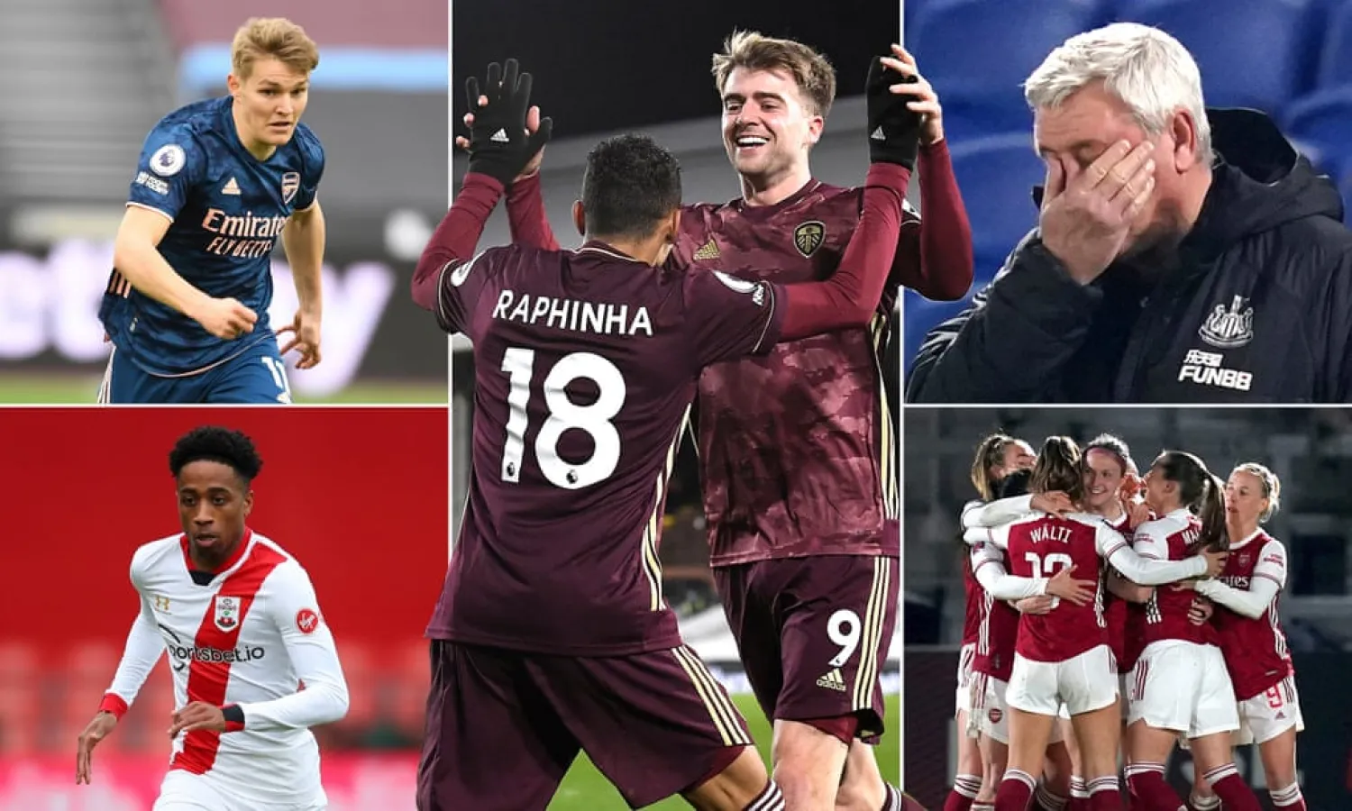 Clockwise: Martin Ødegaard of Arsenal, Raphinha and Patrick Bamford of Leeds, Newcastle manager Steve Bruce, Arsenal Women players and Kyle Walker-Peters. Photograph: Getty Images
