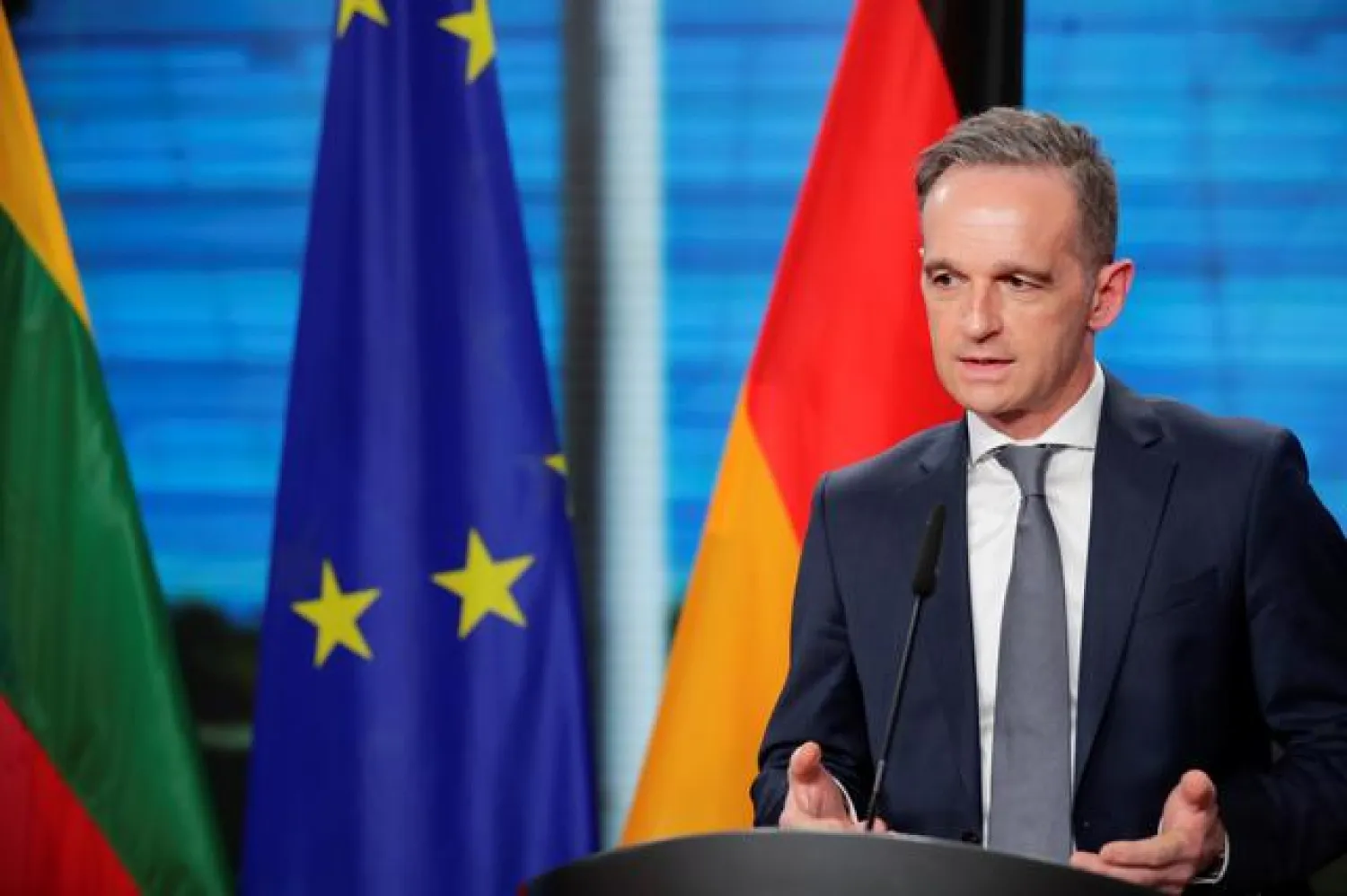 FILE PHOTO: German Foreign Minister Heiko Maas addresses the media after talks with his Lithuanian counterpart Gabrielius Landsbergis, in Berlin, Germany, March 17, 2021. REUTERS/Hannibal Hanschke/Pool