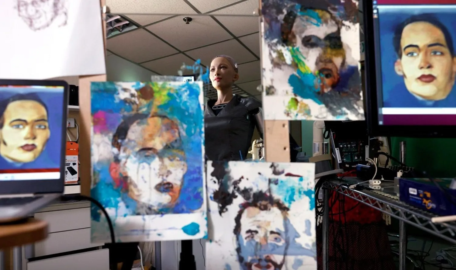 Humanoid robot Sophia is reflected in a mirror between paintings before auctioning her own non-fungible token (NFT) artwork, in Hong Kong, China March 16, 2021. (Reuters)