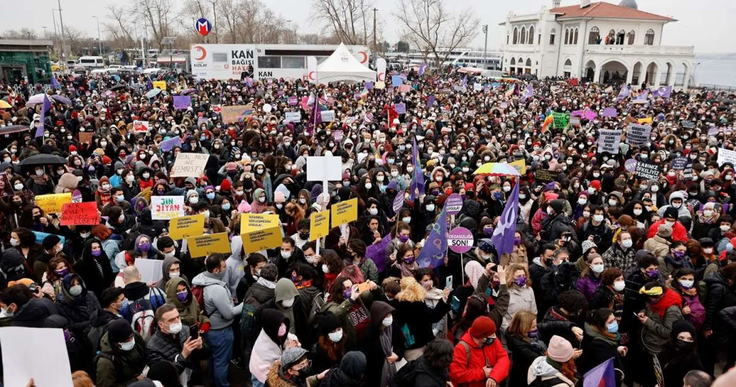 Hundreds of women gather in Istanbul on Saturday to oppose a move by the Turkish government to exit the Istanbul Convention, a European treaty designed to protect women from violence. (Reuters)