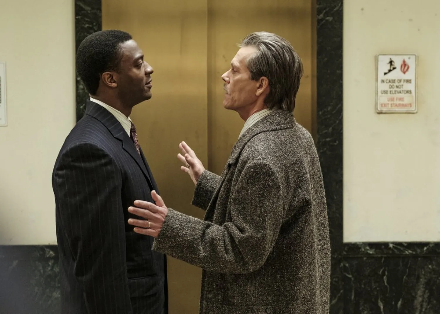 This image released by Showtime shows Aldis Hodge, left, and Kevin Bacon in the series "City on a Hill," premiering Sunday. (Showtime via AP)
