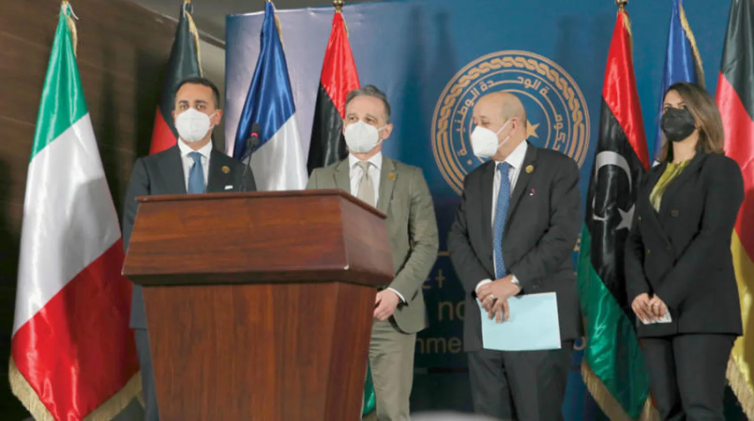 وزيرة الخارجية الليبية نجلاء المنقوش مع نظرائها الفرنسي والألماني والإيطالي خلال زيارتهم طرابلس يوم الخميس الماضي (أ.ب)