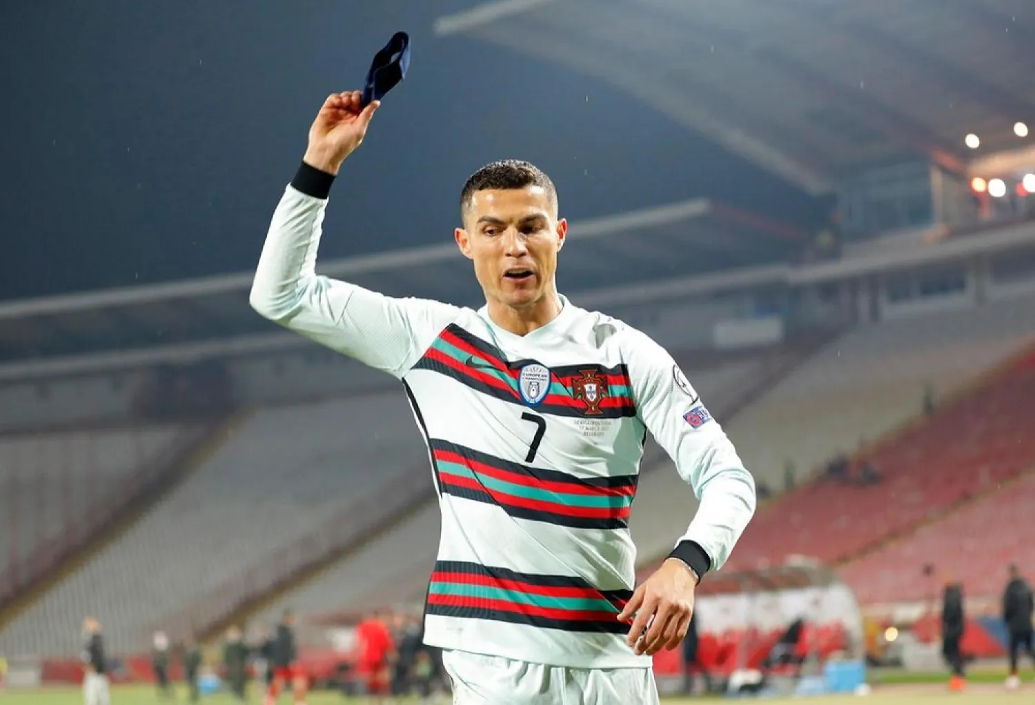 Cristiano Ronaldo throws his captain's armband to the ground after being denied a winner against Serbia. (Getty Images)