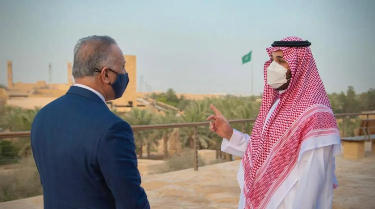 Crown Prince Mohammed bin Salman and Iraqi PM Kadhimi at Diriyah. (SPA)
