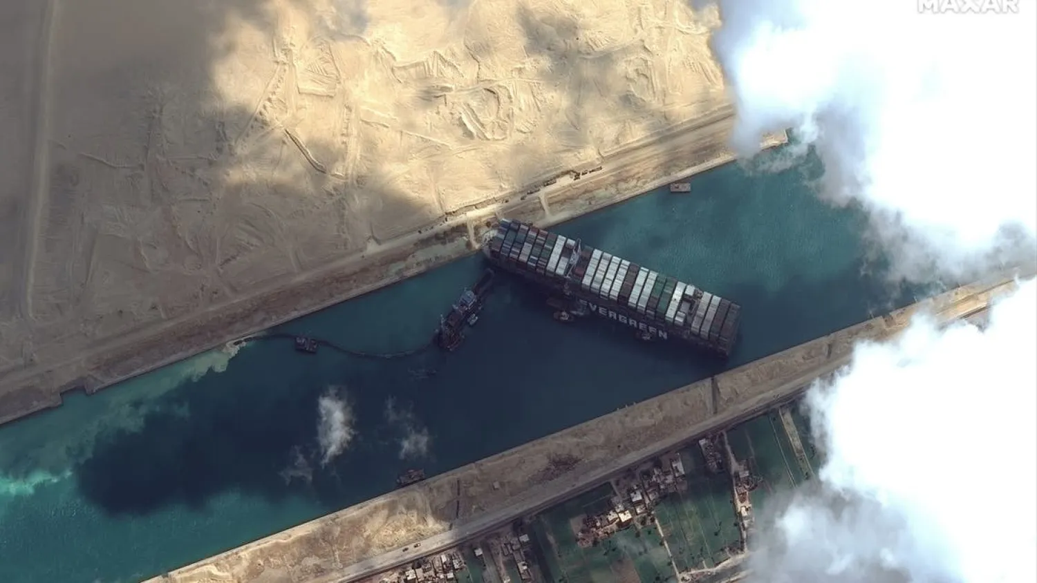 Ever Given container ship is pictured in Suez Canal in this Maxar Technologies satellite image taken on March 26, 2021. (Reuters)
