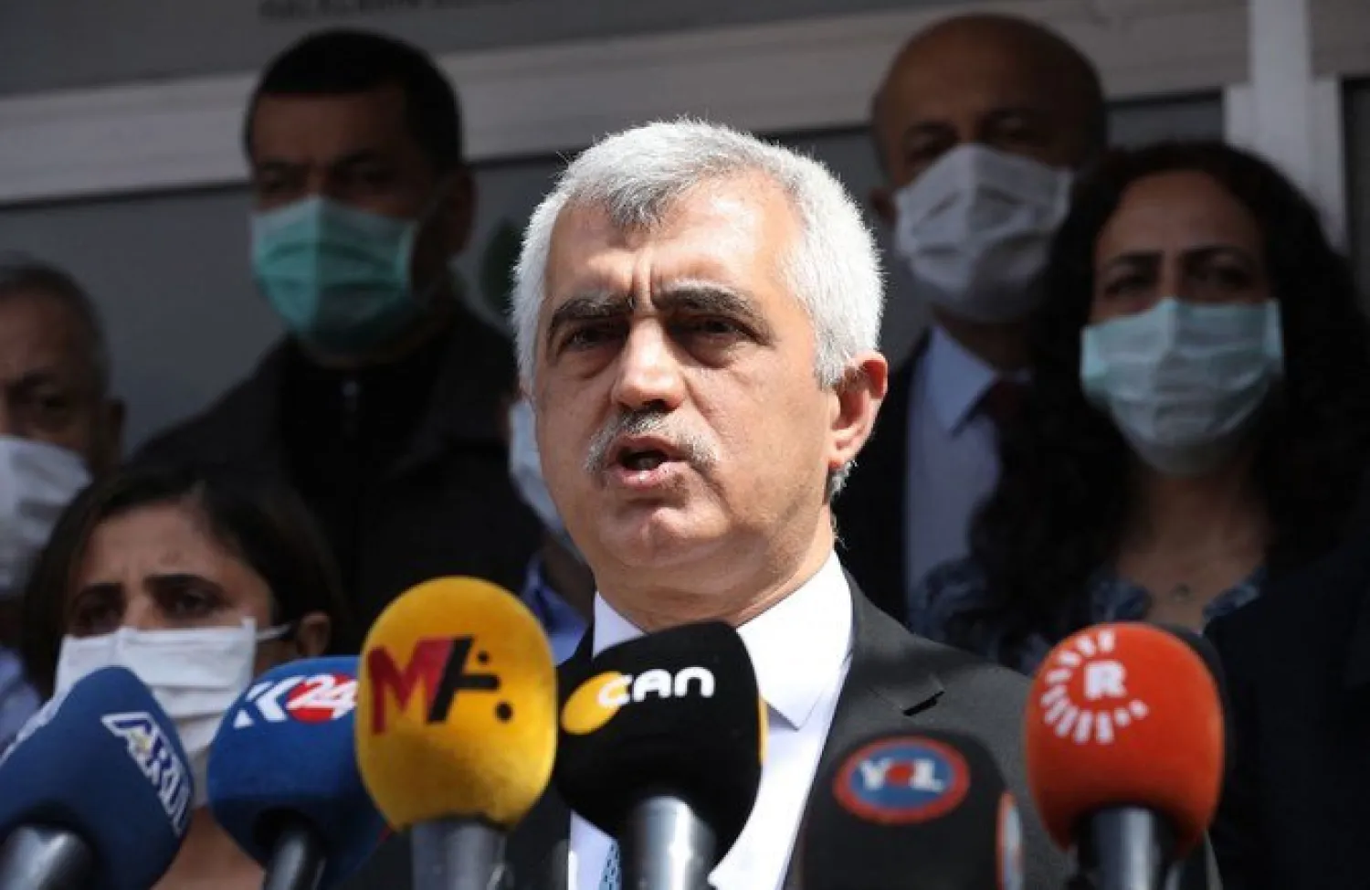 Pro-Kurdish Peoples' Democratic Party's (HDP) Turkish MP Omer Faruk Gergerlioglu holds a press conference. (File/AFP)
