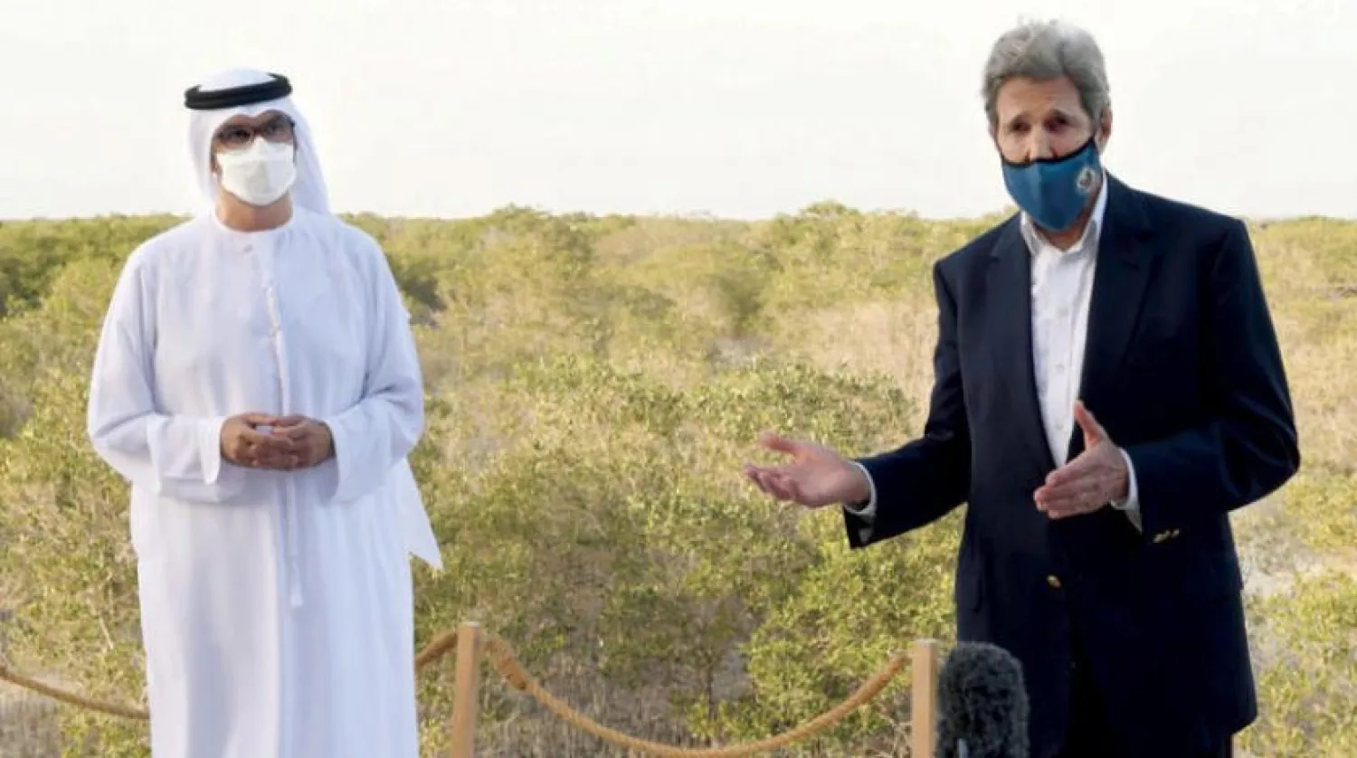 Dr. Sultan Ahmed Al Jaber, UAE Minister of Industry and Advanced Technology and ADNOC Group Managing Director and CEO, and John Kerry during a press conference held Saturday during the US envoy's tour on renewable energy projects in the UAE (WAM)