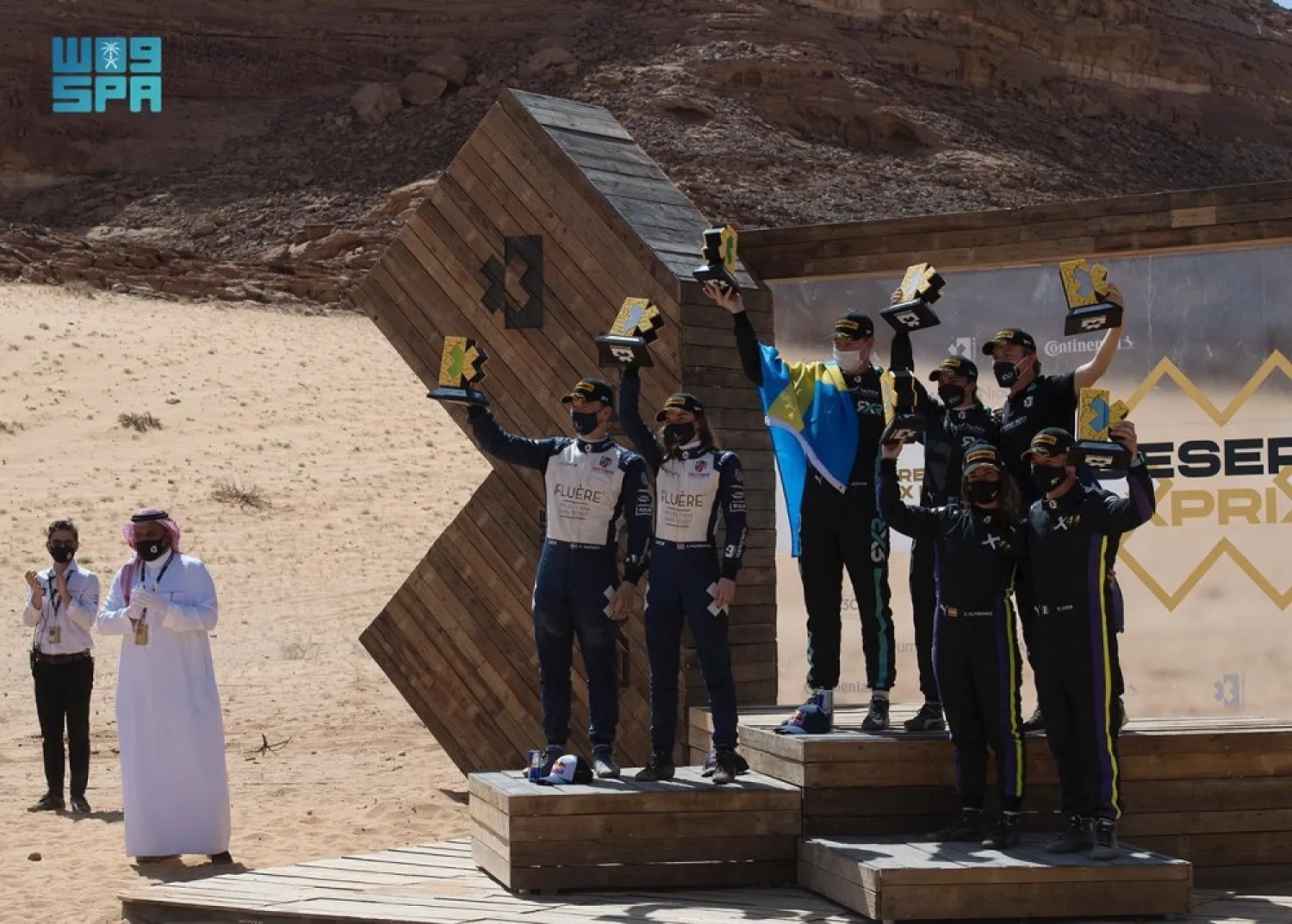 Nico Rosberg’s team won the inaugural race of the new Extreme E championship in Saudi Arabia. (SPA)