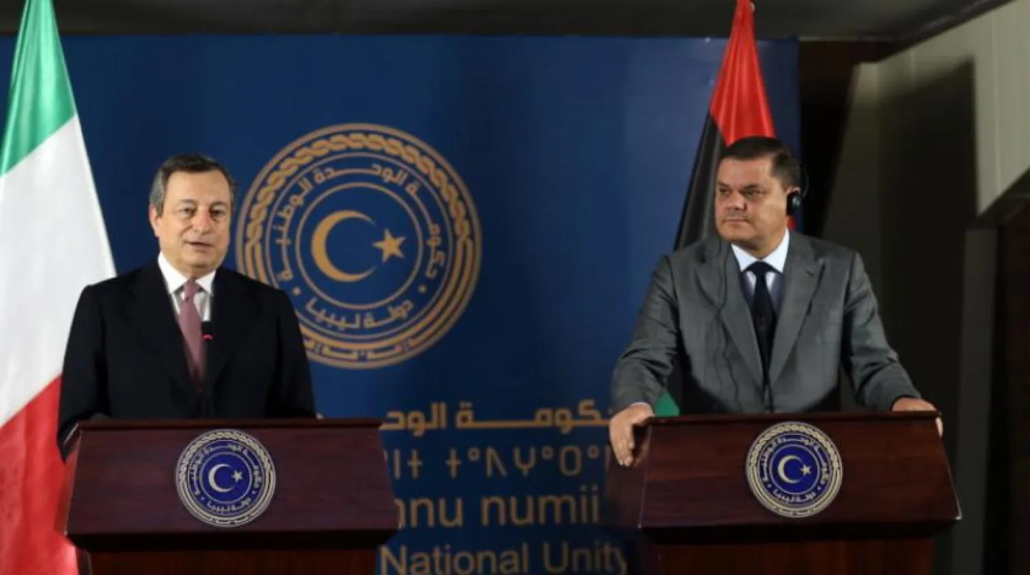 İtalya Başbakanı Mario Draghi, Libya Ulusal Birlik Hükümeti Başbakanı Abdulhamid ed-Dibeybe ile basın toplantısında (EPA)