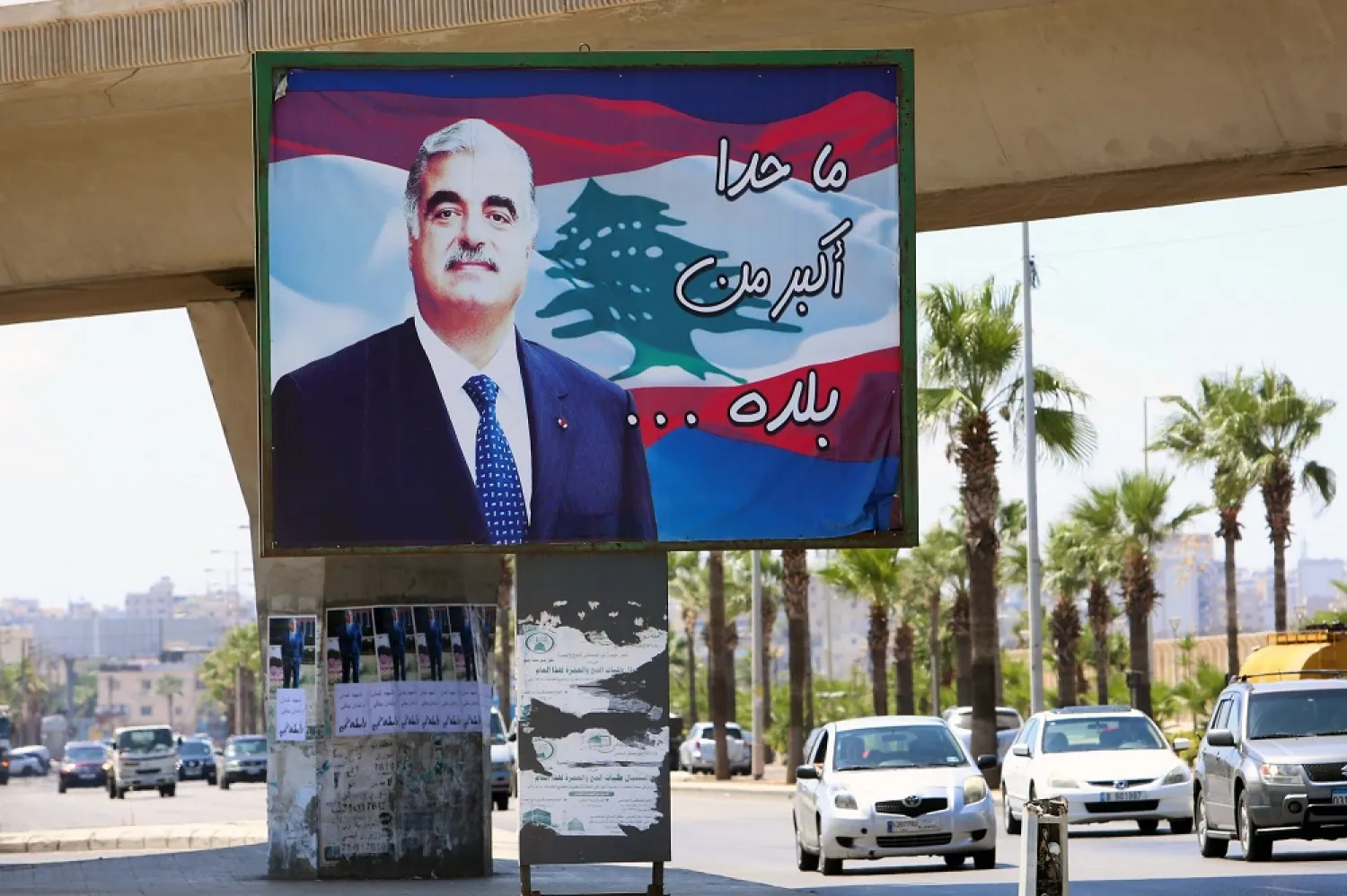 A billboard depicting Lebanon's former Prime Minister Rafik Hariri, who was killed in a bombing in 2005, is pictured in Sidon, southern Lebanon, Aug. 18, 2020. (Reuters)