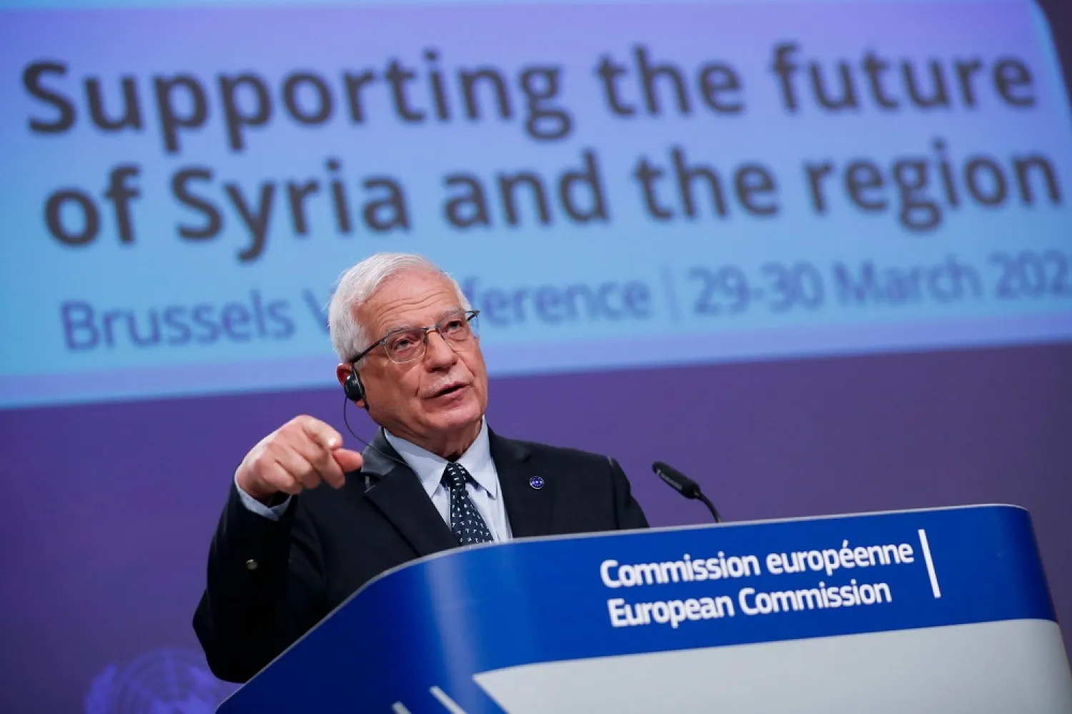 European Union foreign policy chief Josep Borrell speaks the conclusion of a conference “Supporting the future of Syria and the region” at the European Commission headquarters, in Brussels, Belgium, March 30, 2021. (Reuters)
