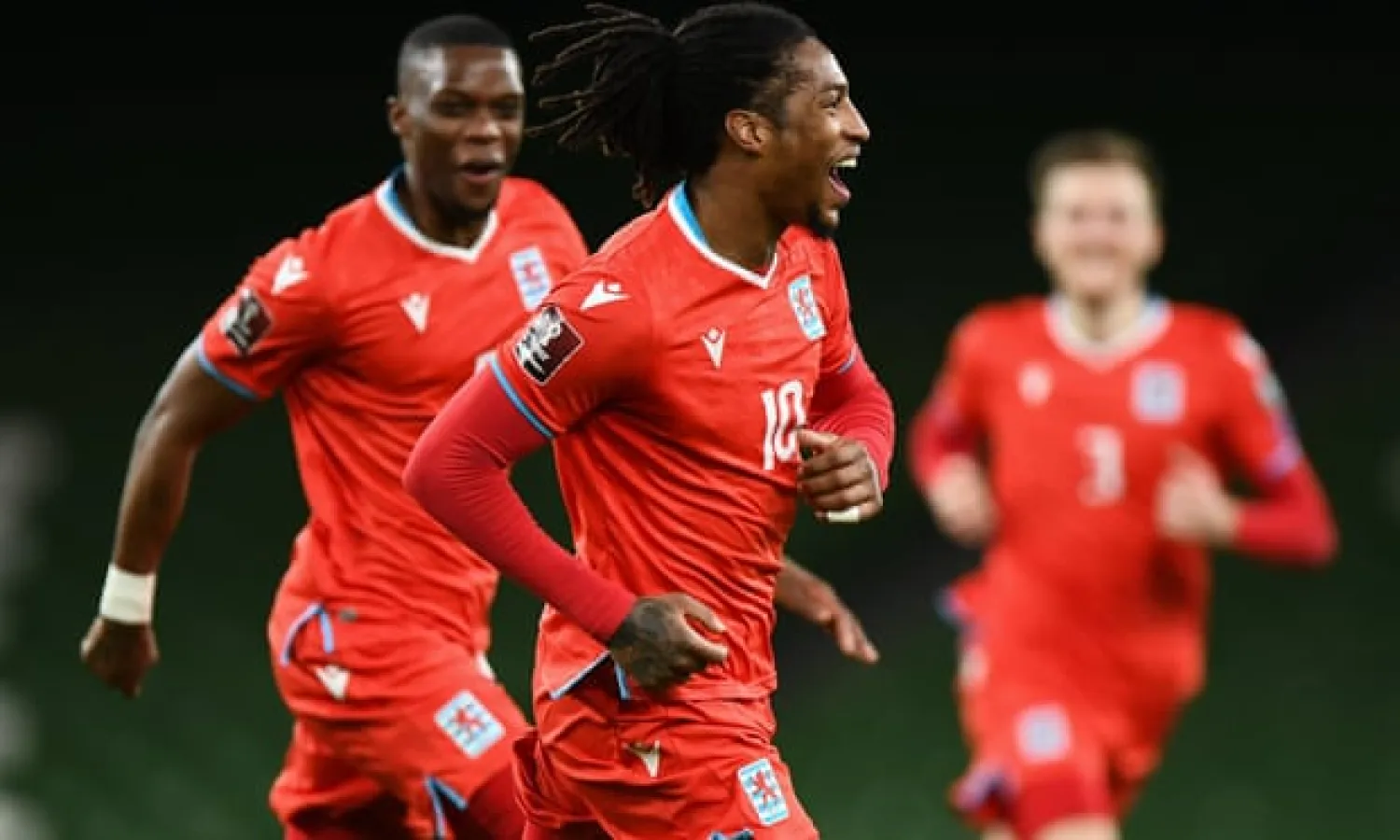 Luxembourg’s Gerson Rodrigues celebrates a famous goal against Ireland. Photograph: Harry Murphy/Sportsfile/Getty Images
