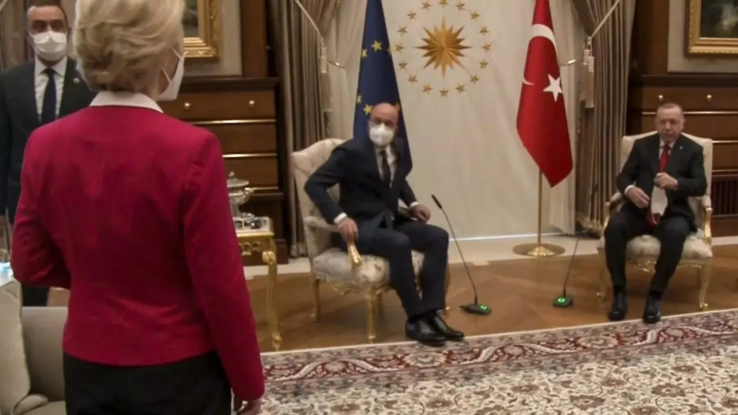 A screengrab from footage released by the Turkish presidency on April 6, 2021 shows Turkish President Recep Tayyip Erdogan (R) receiving EU Council President Charles Michel (C) and the president of the European Commission Ursula von der Leyen (L) in Ankara. (AFP)
