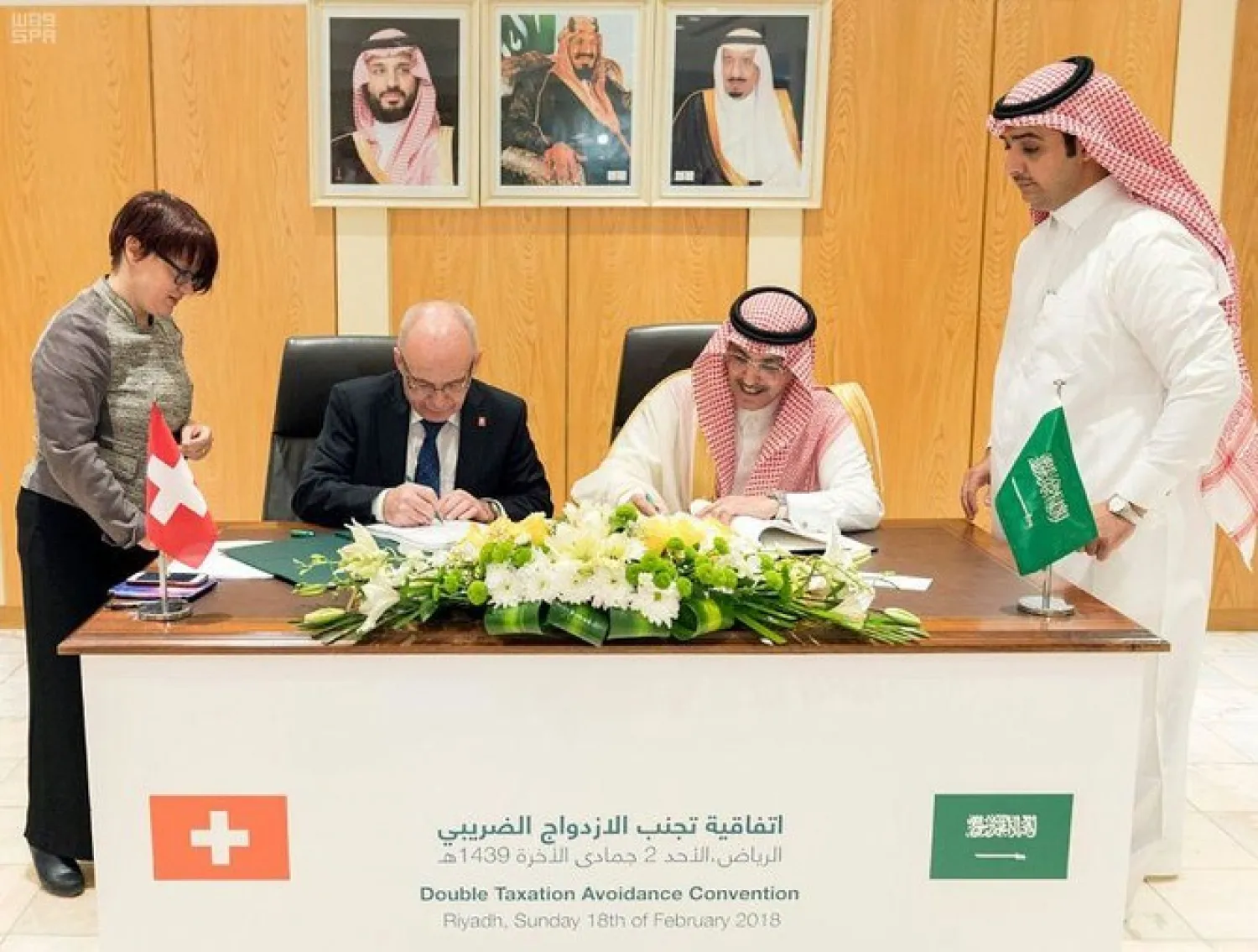 Saudi Minister of Finance Mohammed al-Jadaan and Swiss Minister of Finance, Vice President of the Federal Council Ole Mayor signed a DTA in Riyadh. (SPA)
