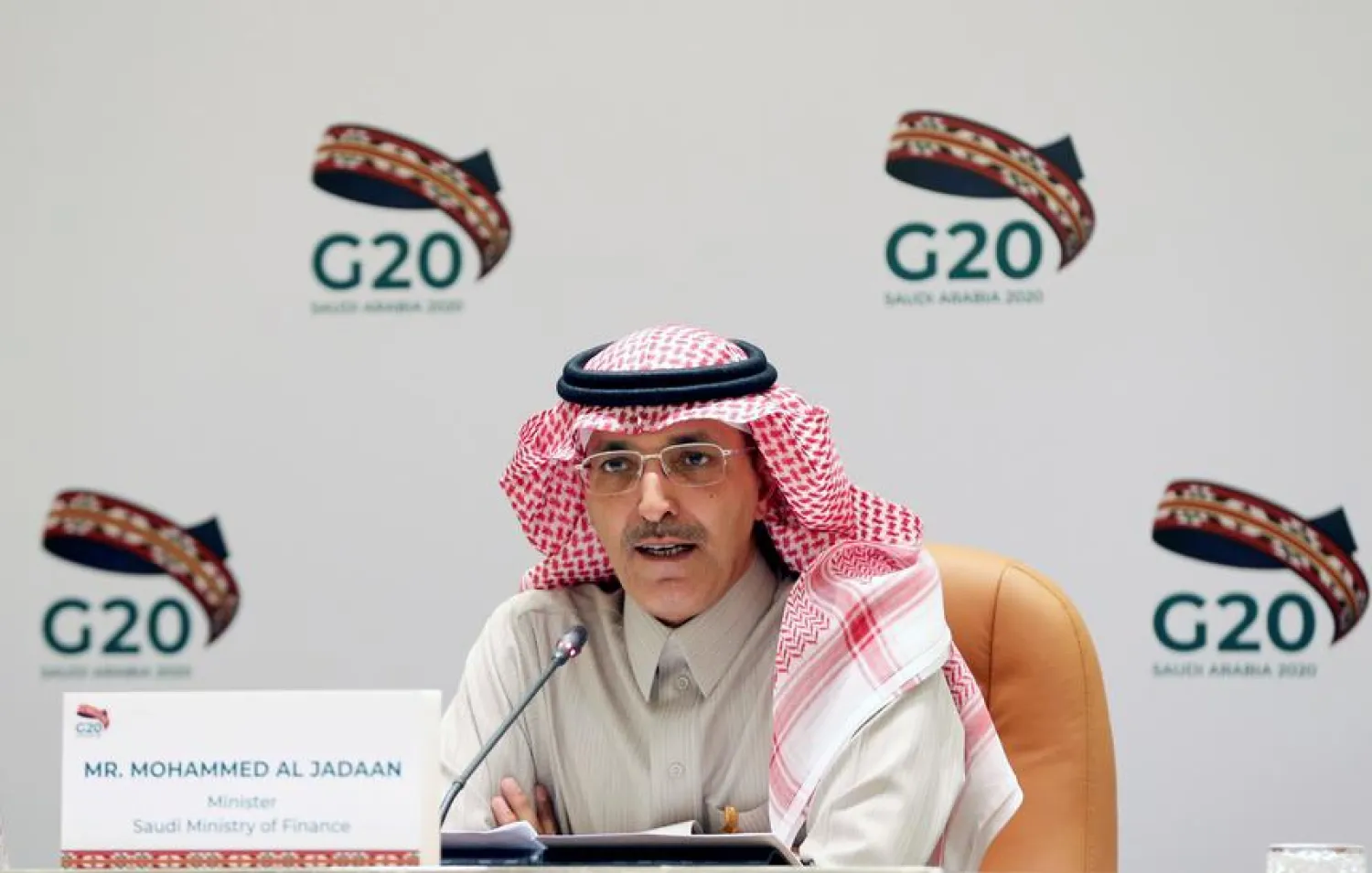 Saudi Minister of Finance Mohammed Al-Jadaan speaks during a media conference, in Riyadh, Saudi Arabia, February 23, 2020. (Reuters)