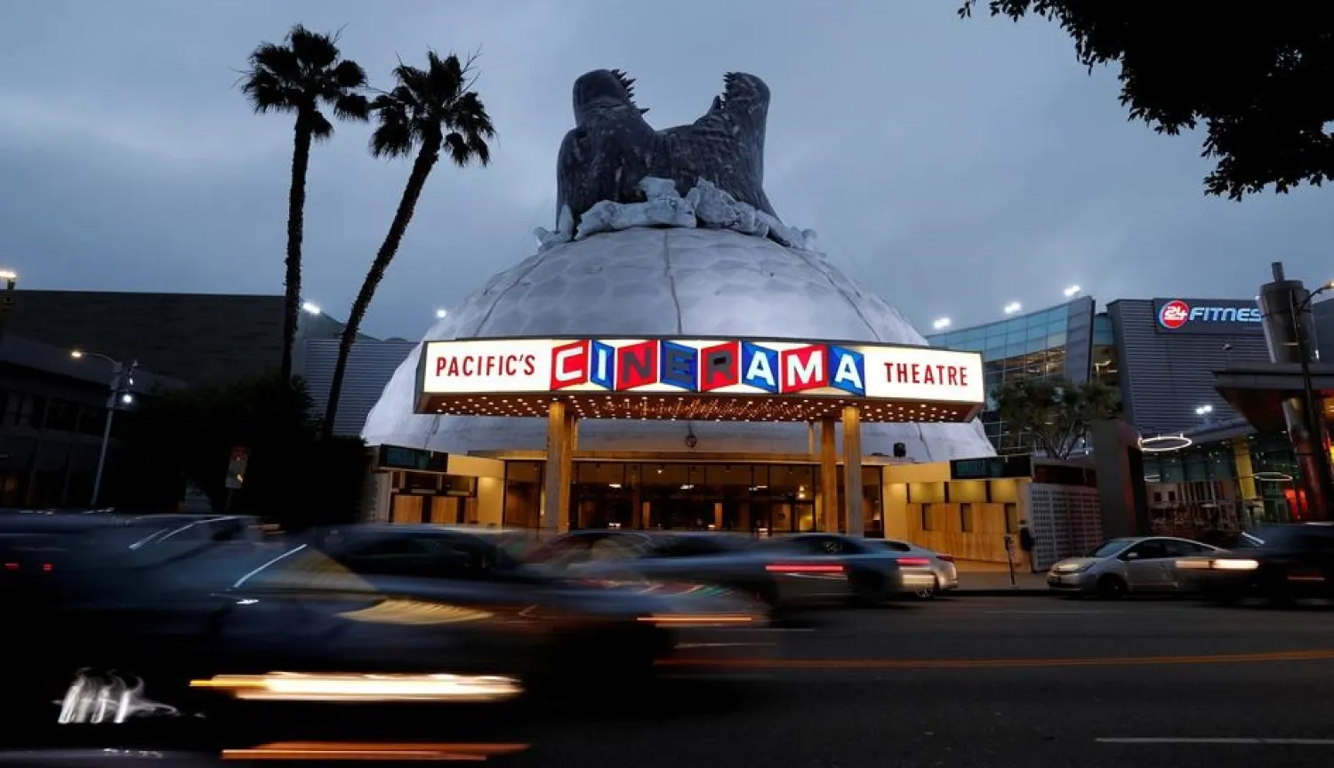 A prop promoting the film "Godzilla: King of the Monsters" is pictured on the roof of the Cinerama Dome theatre in Los Angeles, California, US, June 3, 2019. (Reuters)