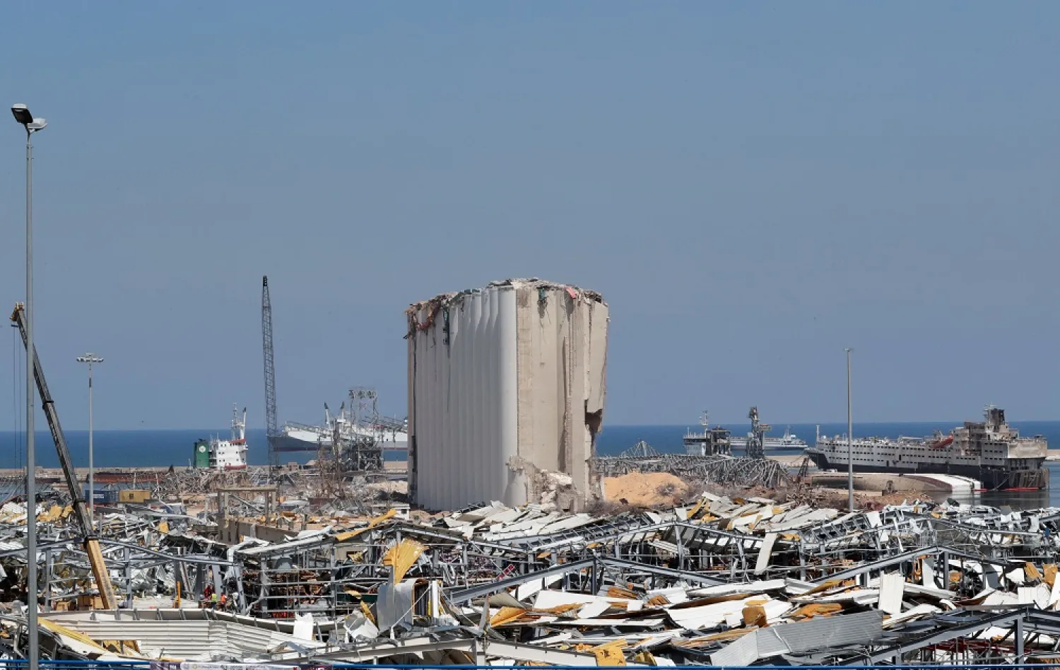 This Aug. 25, 2020, photo shows the damaged grain silos amid the destruction at Beirut's harbor, in the aftermath of the monster explosion at the port in early August. (AFP)