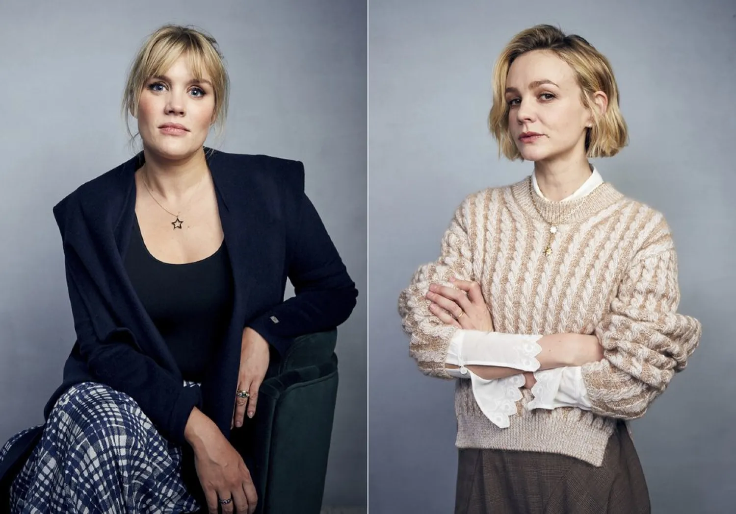 Writer/director Emerald Fennell, left, and actress Carey Mulligan pose for a portrait to promote their film "Promising Young Woman" during the Sundance Film Festival in Park City, Utah on Jan. 25, 2020. (AP)