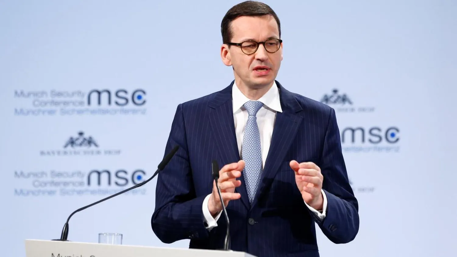 Poland's Prime Minister Mateusz Morawiecki talks at the Munich Security Conference in Munich, Germany. Michaela Rehle/ Reuters
