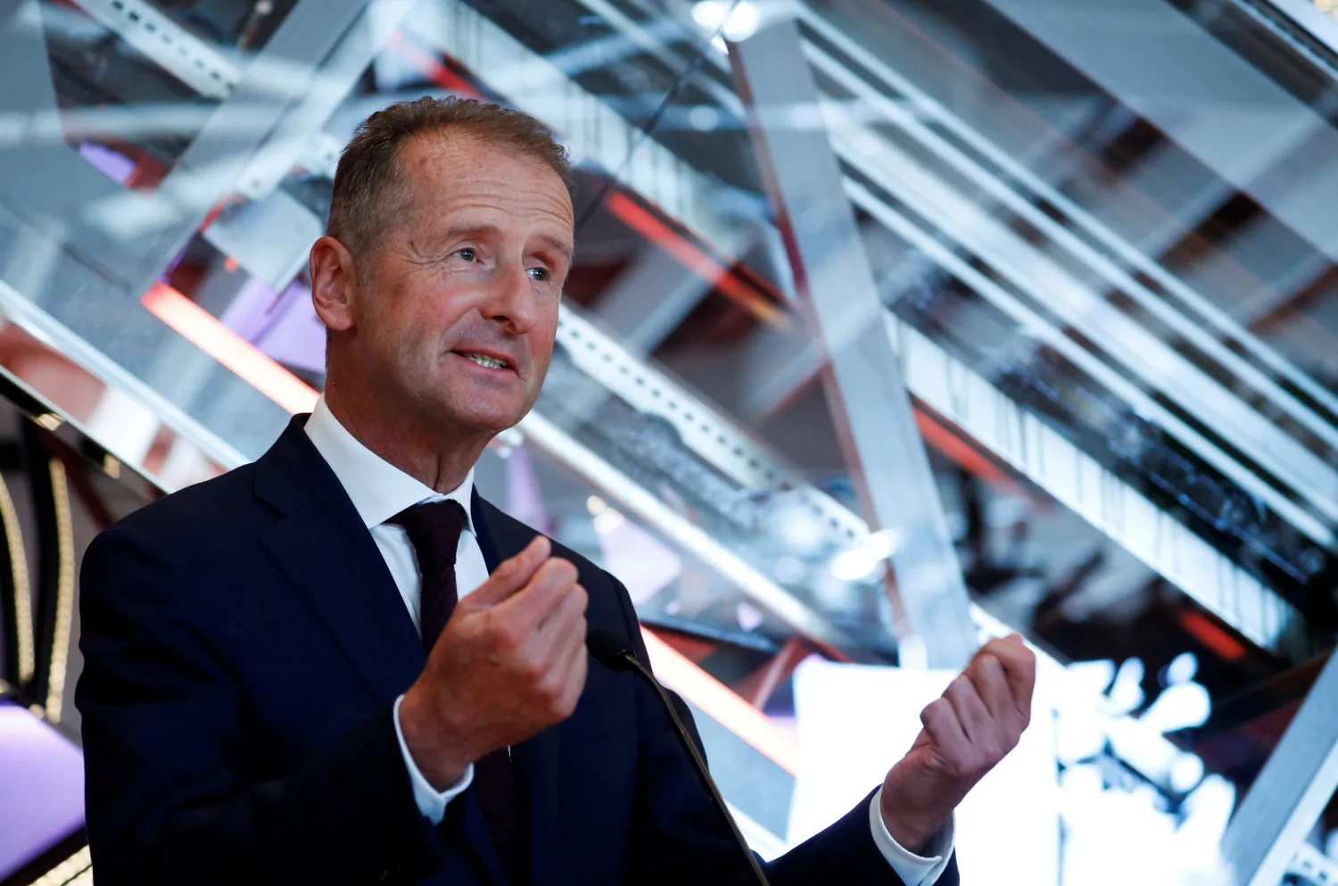 Volkswagen Group CEO Herbert Diess gestures as he speaks during a news conference in Barcelona, Spain, Sept. 23, 2020. (Reuters Photo)