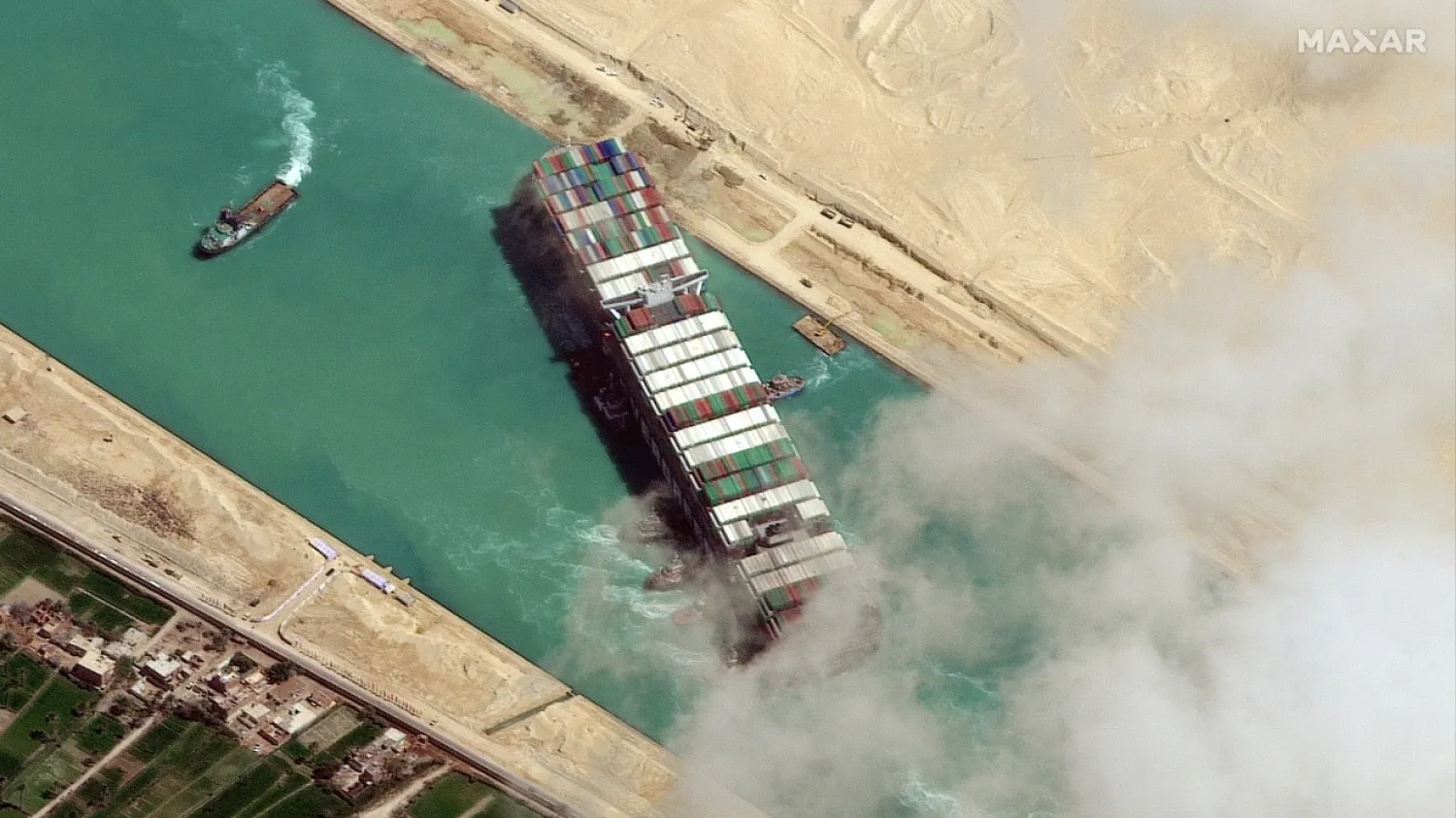 A view shows the Ever Given container ship in Suez Canal in this Maxar Technologies satellite image taken on March 29, 2021. 2021 Maxar Technologies / Handout via REUTERS
