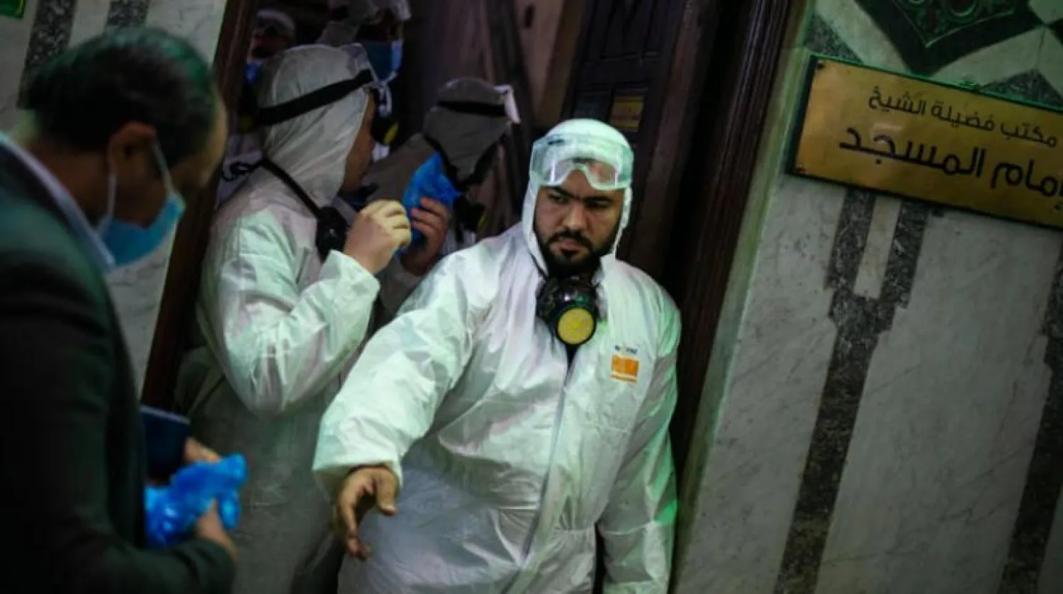 A mosque is disinfected in Cairo last week. (EPA)