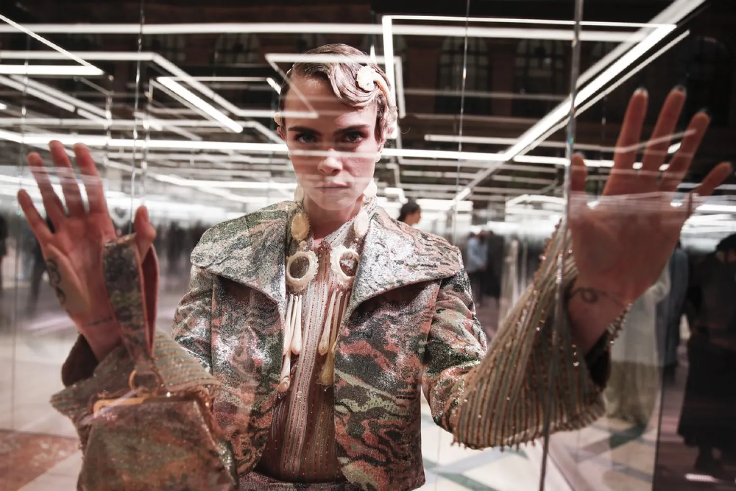 In this Jan. 27, 2021 file photo, model Cara Delevingne wears a creation for Fendi's Spring-Summer 2021 Haute Couture fashion collection presented in Paris. (AP)
