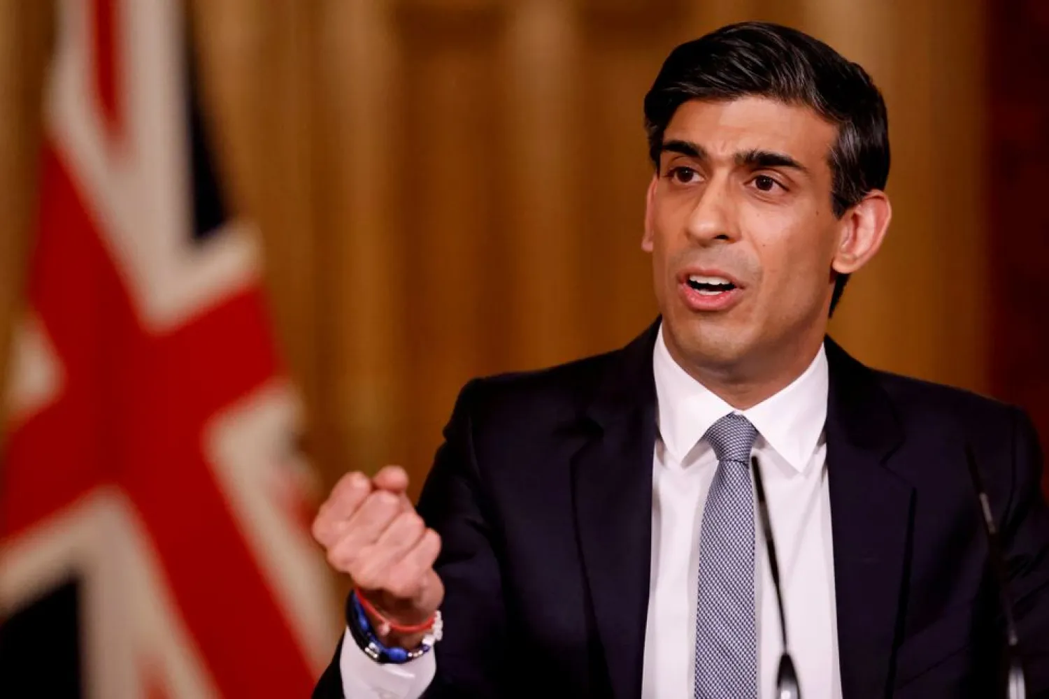 Britain's Chancellor of the Exchequer (finance minister) Rishi Sunak attends a virtual press conference inside 10 Downing Street in central London, Britain, March 3, 2021. (Reuters)