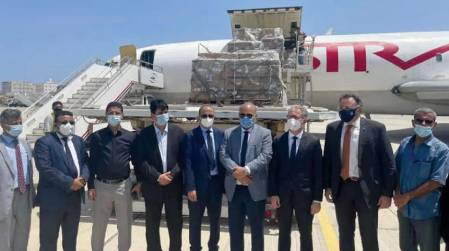 A Covid vaccine shipment is delivered to Aden airport in March. (Saba)