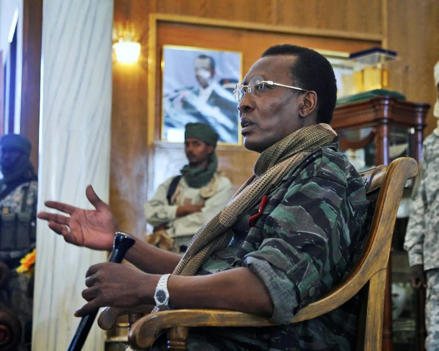 In this Wednesday, Feb. 6, 2008 file photo, Chadian President Idriss Deby Itno addresses a news conference at the Presidential Palace in N'Djamena, Chad. Deby, who ruled the central African nation for more than three decades, was killed on the battlefield Tuesday, April 20, 2021 in a fight against rebels, the military announced on national television and radio. (AP Photo/Jerome Delay, File)