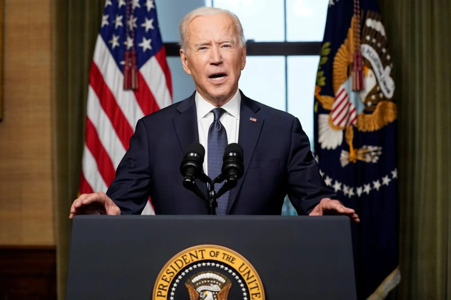 US President Joe Biden delivers remarks on his plan to withdraw American troops from Afghanistan, at the White House, Washington, US, April 14, 2021. Andrew Harnik/Pool via REUTERS

