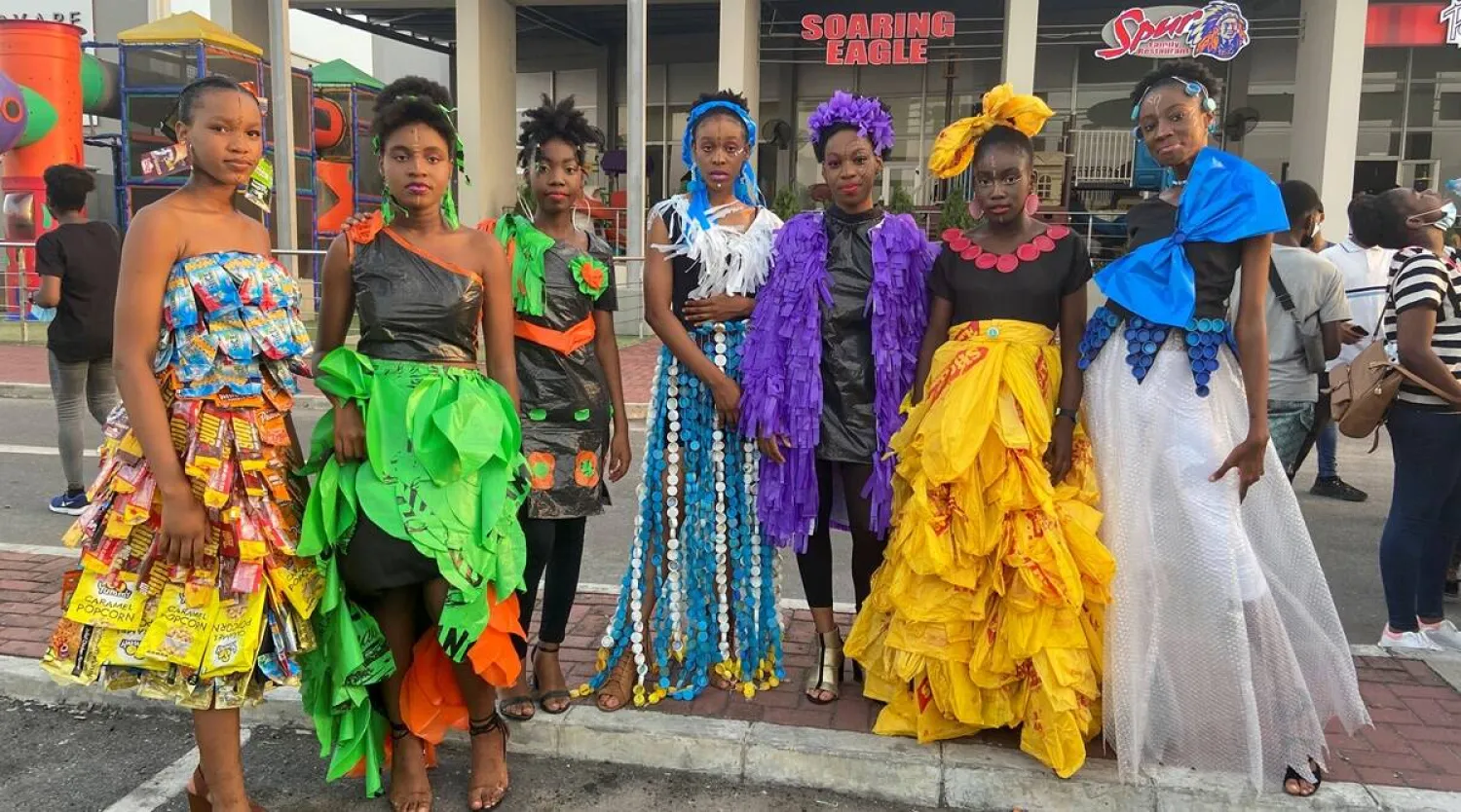 Young Nigeria climate change activists are seen during a "Trashion Show" wearing some plastics recovered from waste, used to make garments during their annual show in Lagos. (Photo: Reuters)
