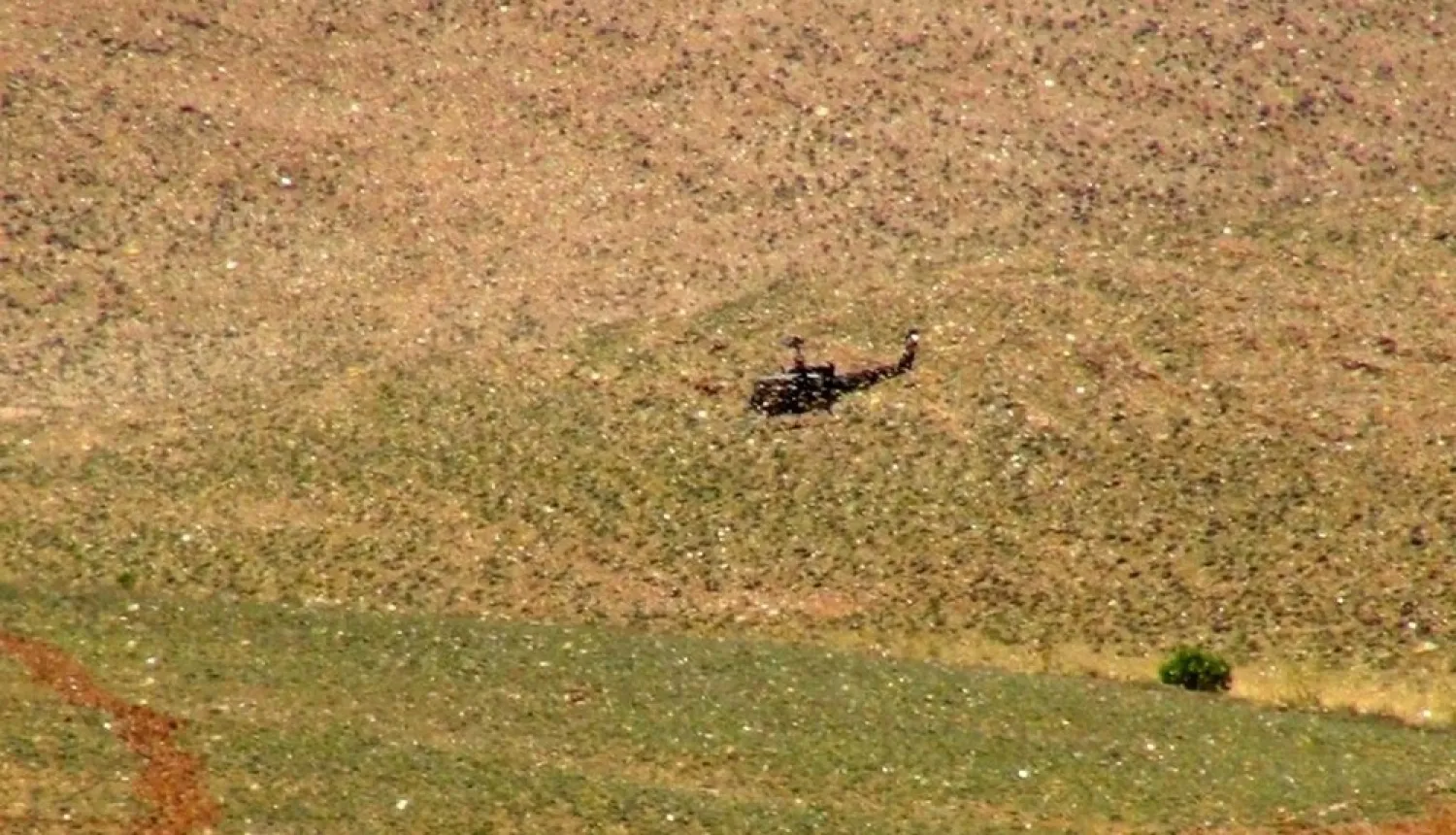 A Lebanese Army helicopter sprays a swarm of desert locusts with pesticide near Lebanon’s northeastern town of Arsal, on the border with Syria, April 23, 2021. (AFP)