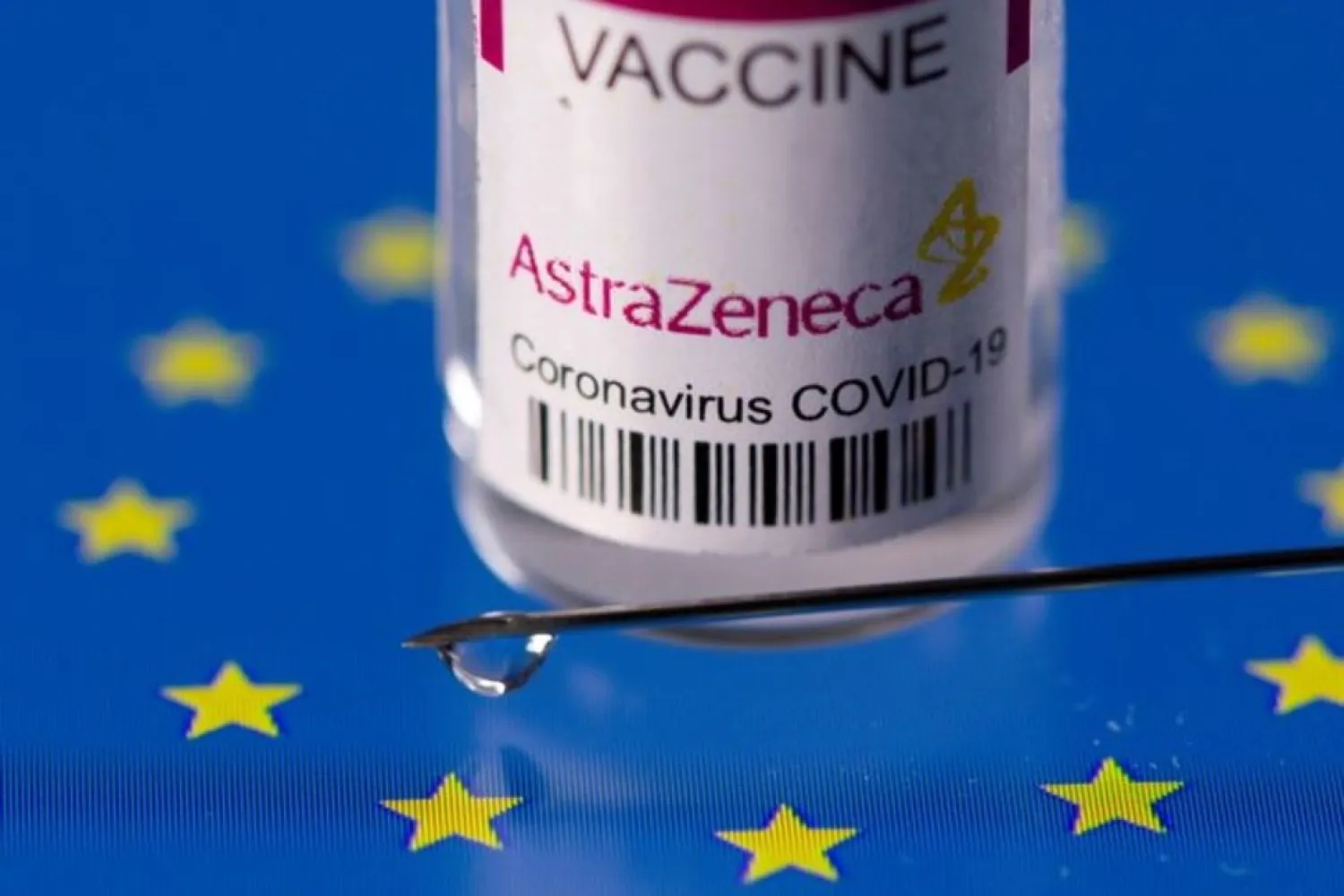 A vial labelled "AstraZeneca coronavirus disease (COVID-19) vaccine" placed on displayed EU flag is seen in this illustration picture taken March 24, 2021. (Reuters)
