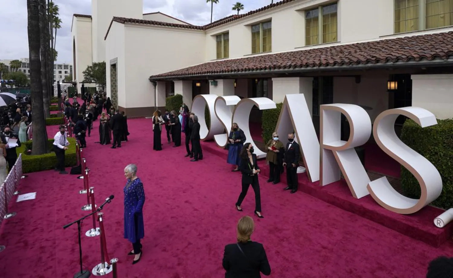 Glenn Close is interviewed on the red carpet at the Oscars on Sunday, April 25, 2021, at Union Station in Los Angeles. (AP)