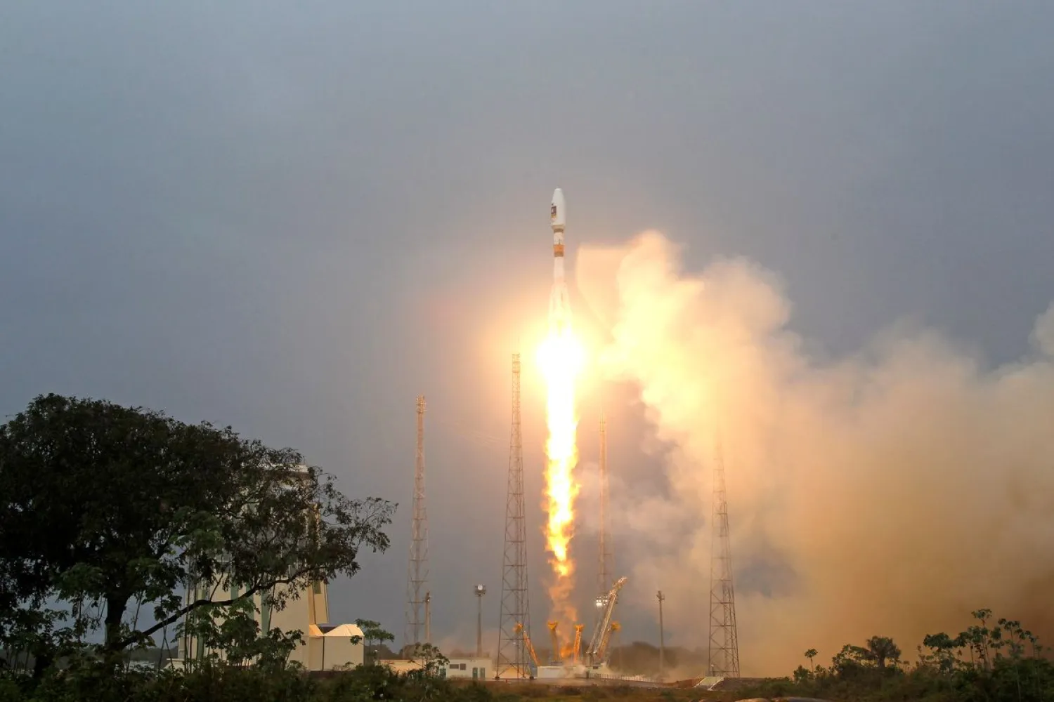 The Russian Soyuz VS01 rocket, carrying the first two satellites of Europe's Galileo navigation system, blasts off from its launchpad at the Guiana Space Center. Reuters