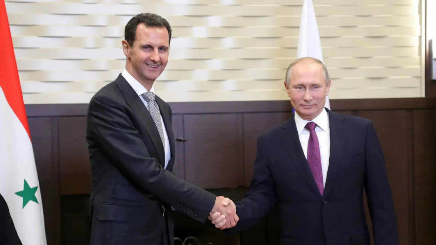 Russia's President Vladimir Putin (R) shakes hands with his Syrian counterpart Bashar Assad during a meeting in Sochi on November 20, 2017 (AFP)