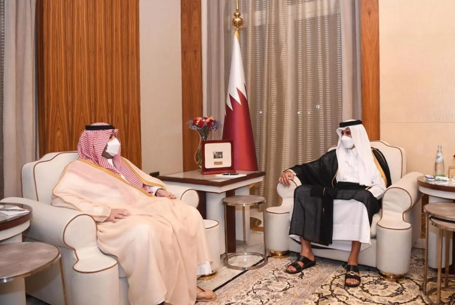 Emir of Qatar Sheikh Tamim bin Hamad al-Thani meets with Saudi Minister of the State and Member of the Cabinet Prince Turki bin Mohammad bin Fahd bin Abdulaziz. (SPA)