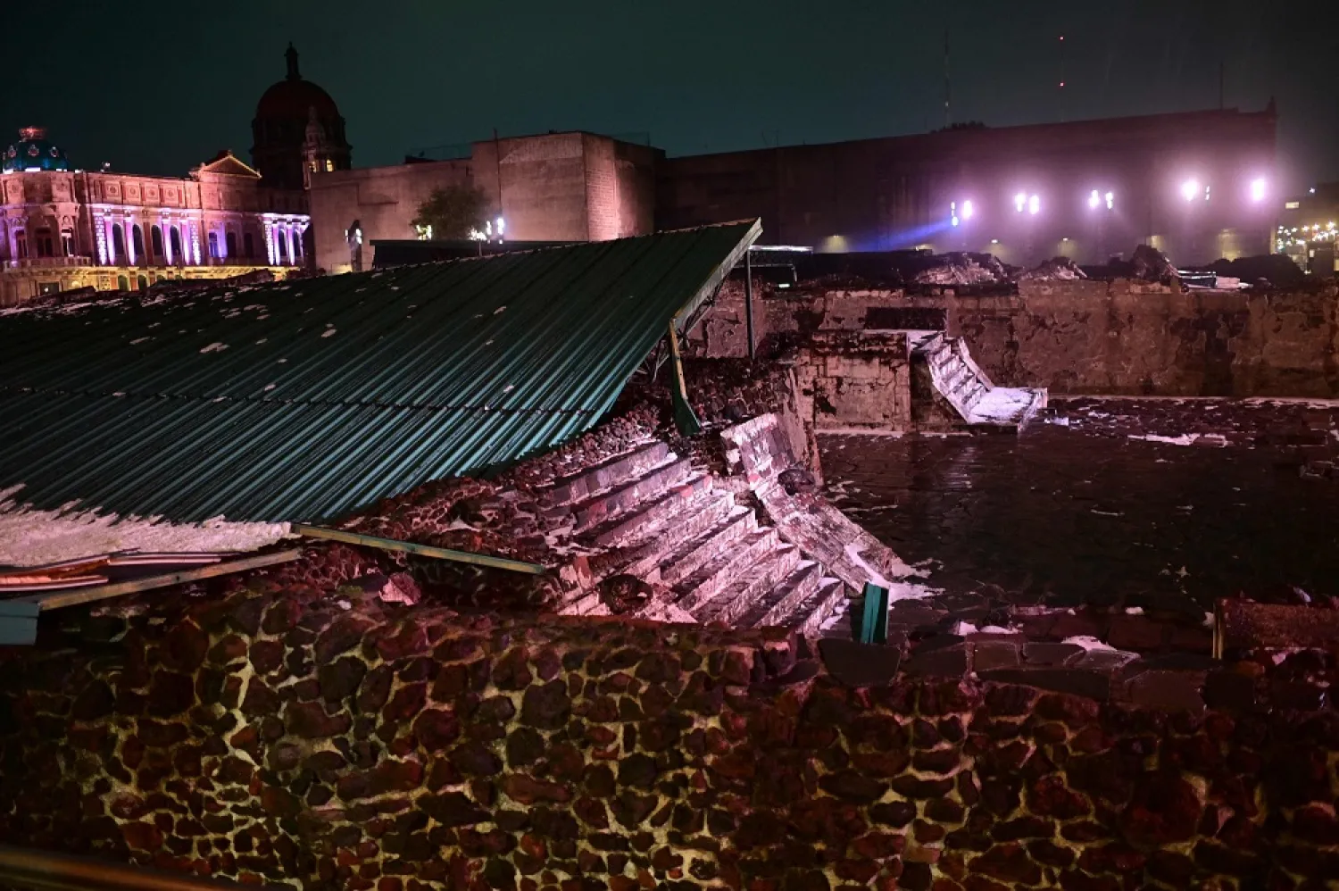 The Aztec archaeological zone of "Templo mayor" is pictured after being affected by heavy rain, in Mexico City, Mexico, April 28, 2021. (AFP)
