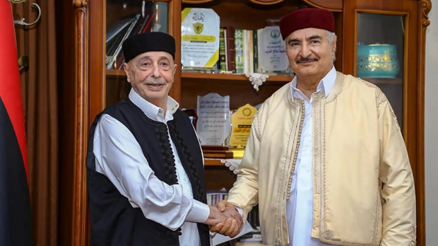 LNA commander Khalifa Haftar (R) meets with Speaker Aguila Saleh in this photo released by Haftar's office.